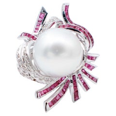 South-Sea Pearl, Rubies, Diamonds, 18 Karat White Gold Cluster Ring