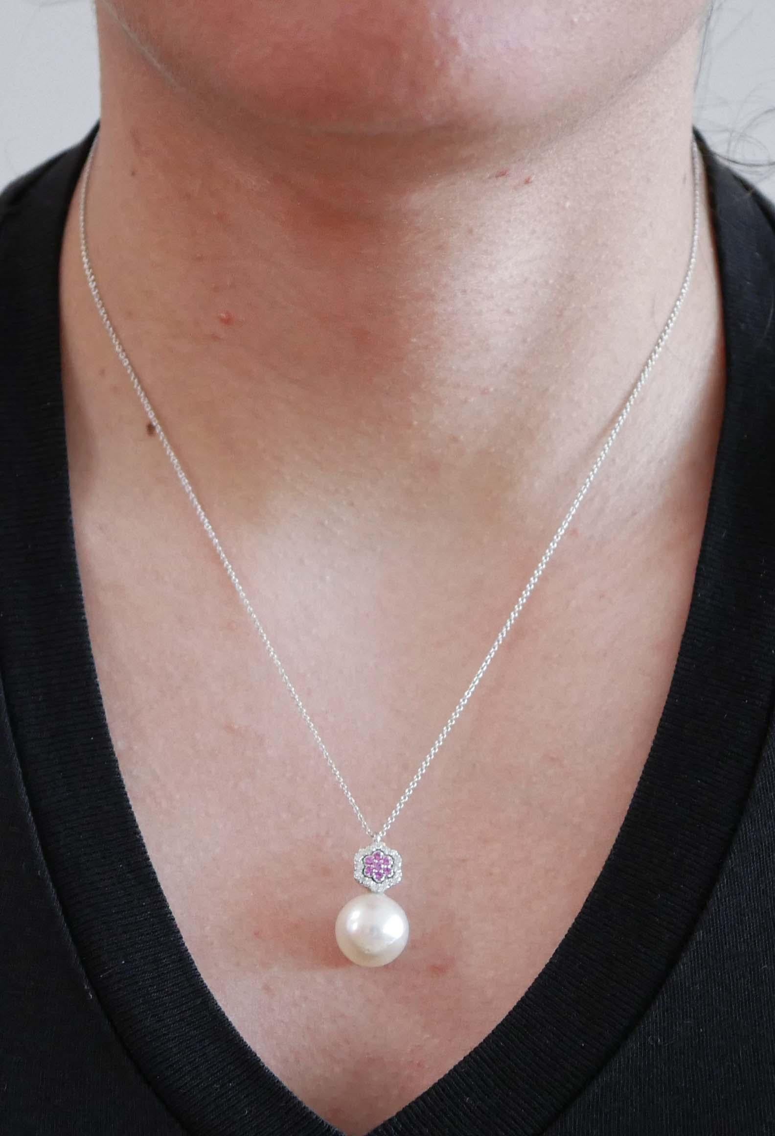 Women's South-Sea Pearl, Rubies, Diamonds, 18 Karat White Gold Pendant Necklace. For Sale