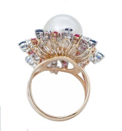 South-Sea Pearl, Rubies, Sapphires, Diamonds, 14 Karat Rose and White Gold Ring