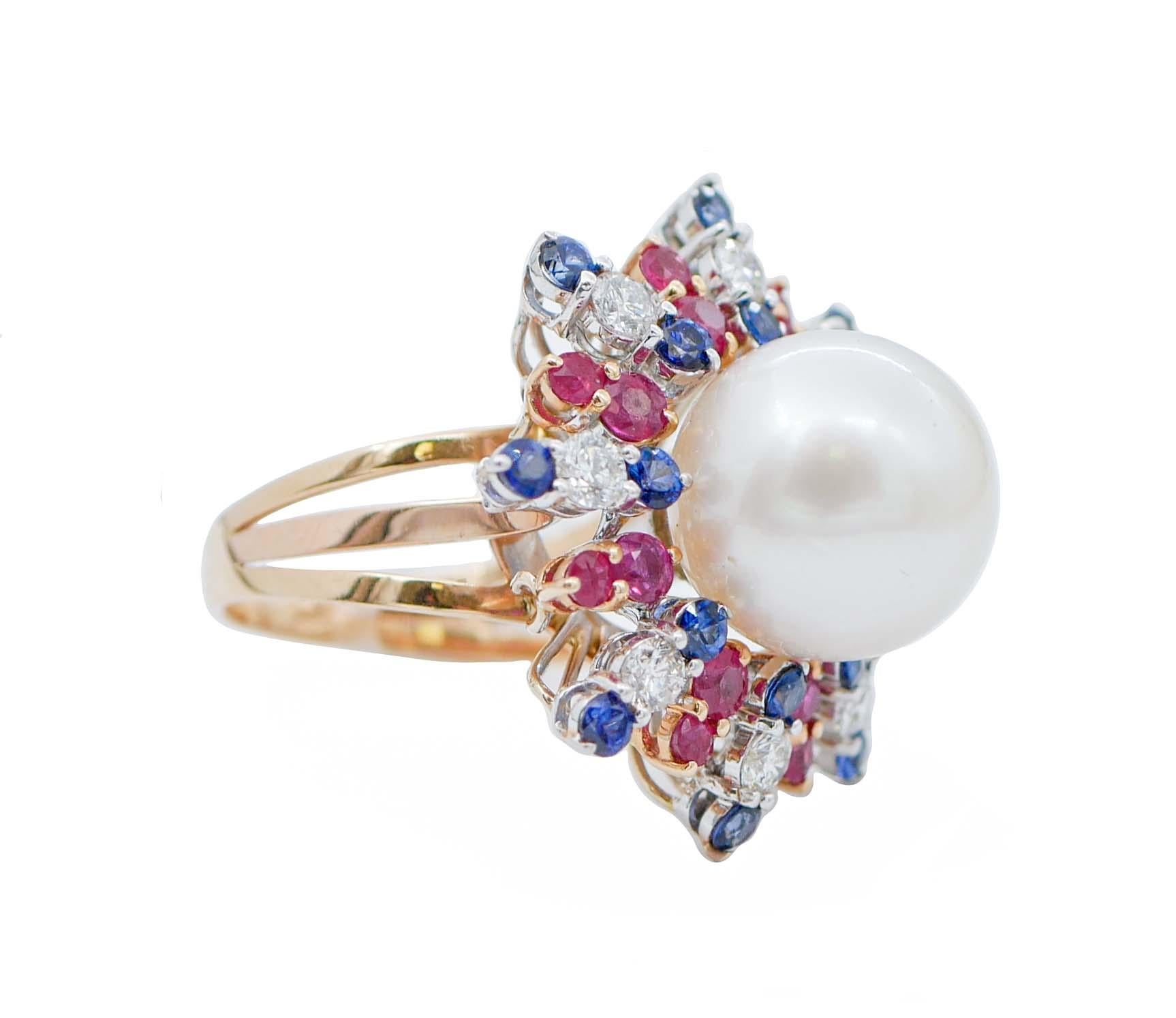 Retro South-Sea Pearl, Rubies, Sapphires, Diamonds, 14 Karat Rose and White Gold Ring For Sale