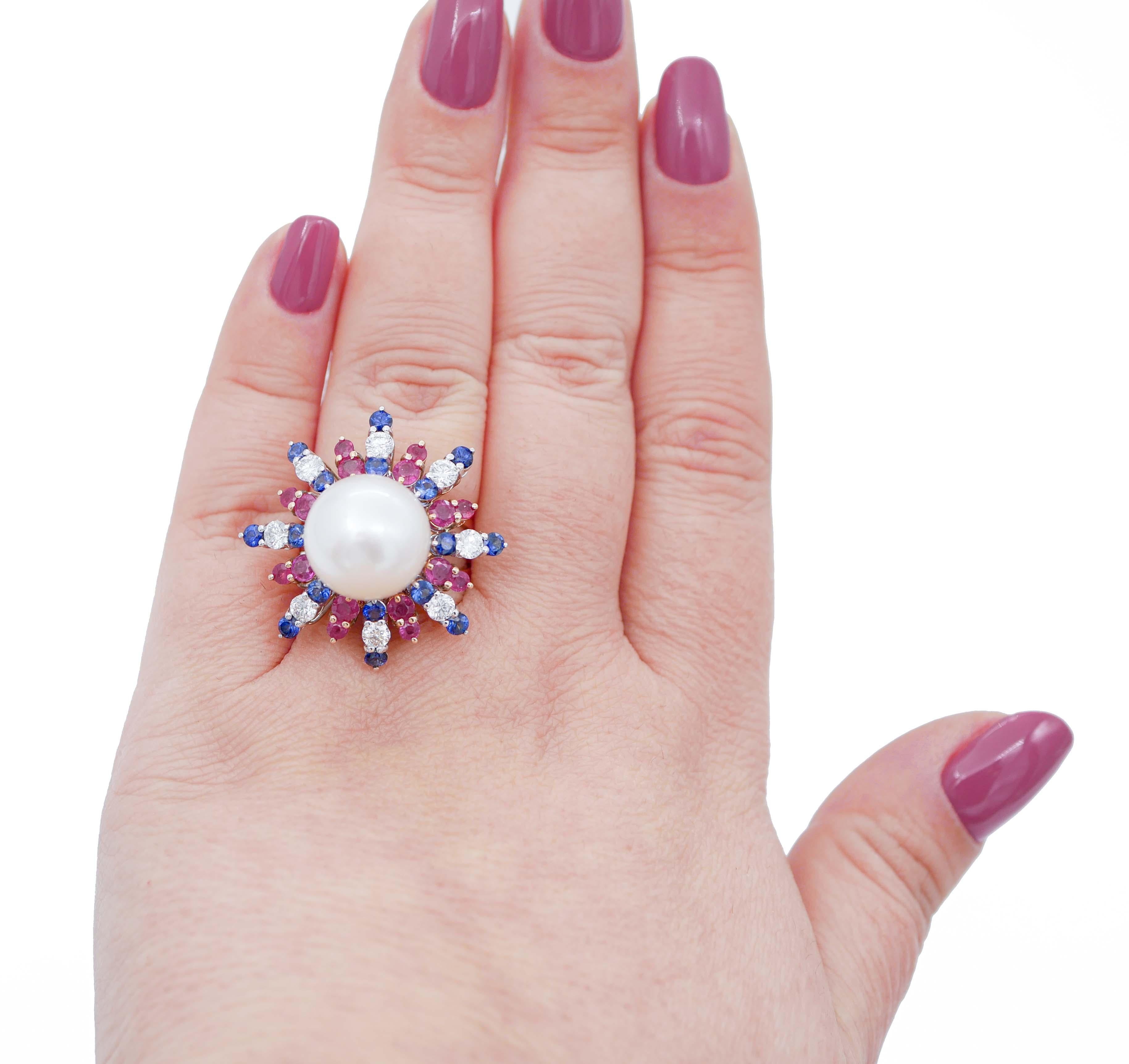 Mixed Cut South-Sea Pearl, Rubies, Sapphires, Diamonds, 14 Karat Rose and White Gold Ring For Sale