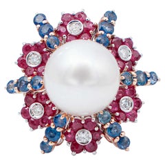 South-Sea Pearl, Rubies, Sapphires, Diamonds, 14 Karat Rose and White Gold Ring