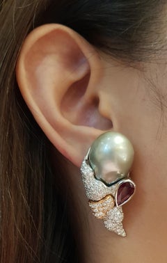 South Sea Pearl, Ruby and Diamond Earrings Set in 18 Karat White Gold Settings