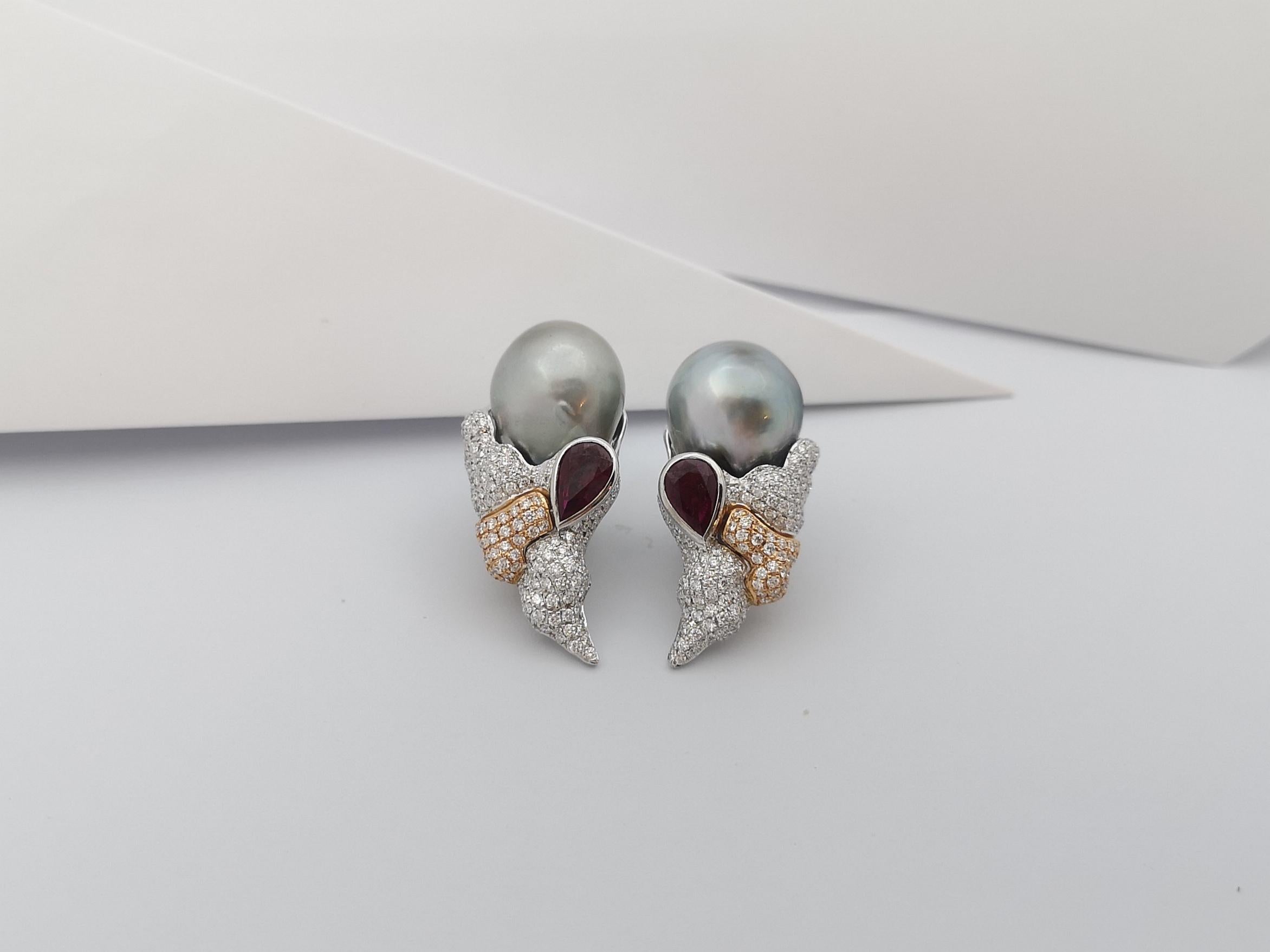 Mixed Cut South Sea Pearl, Ruby and Diamond Earrings Set in 18 Karat White Gold Settings For Sale