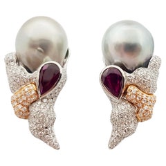 South Sea Pearl, Ruby and Diamond Earrings Set in 18 Karat White Gold Settings