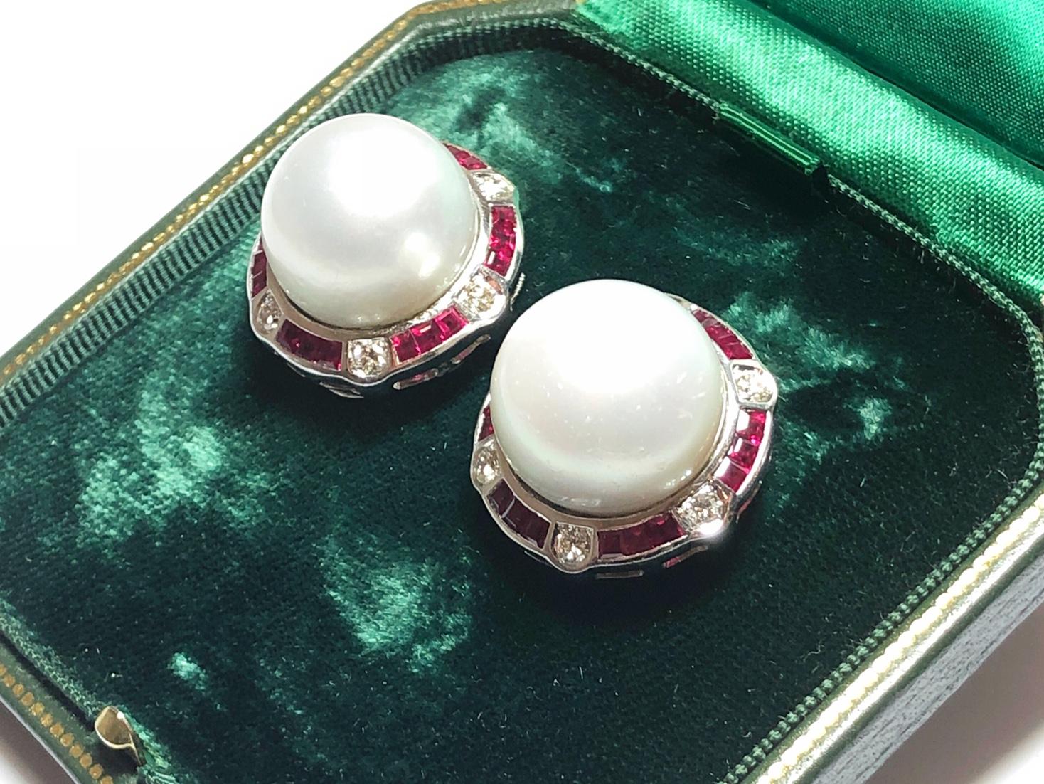 South Sea Pearl, Ruby, Diamond and White Gold Earrings, circa 1990 For Sale 1