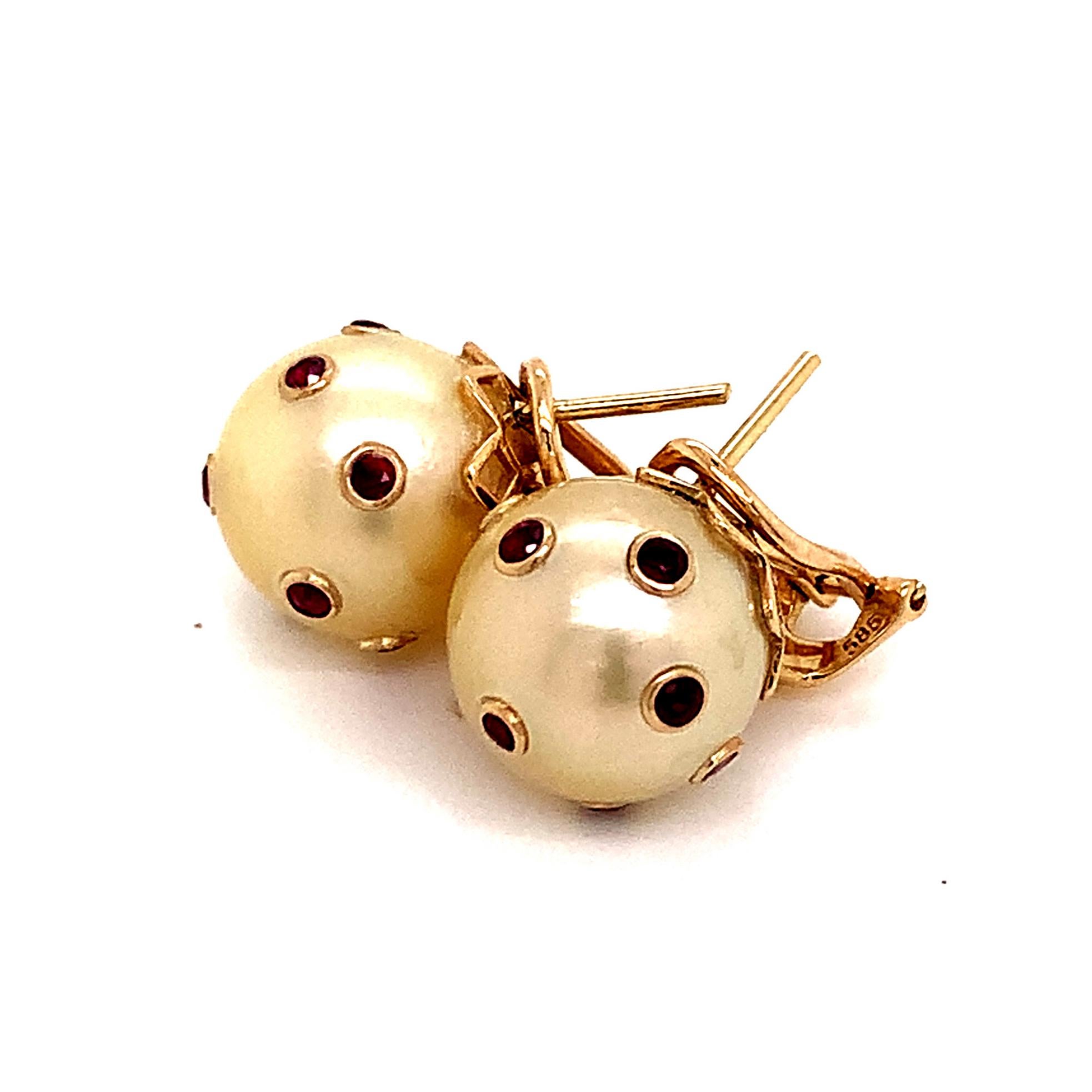 Round Cut South Sea Pearl Ruby Earrings 14k Gold 0.27ctw Certified For Sale