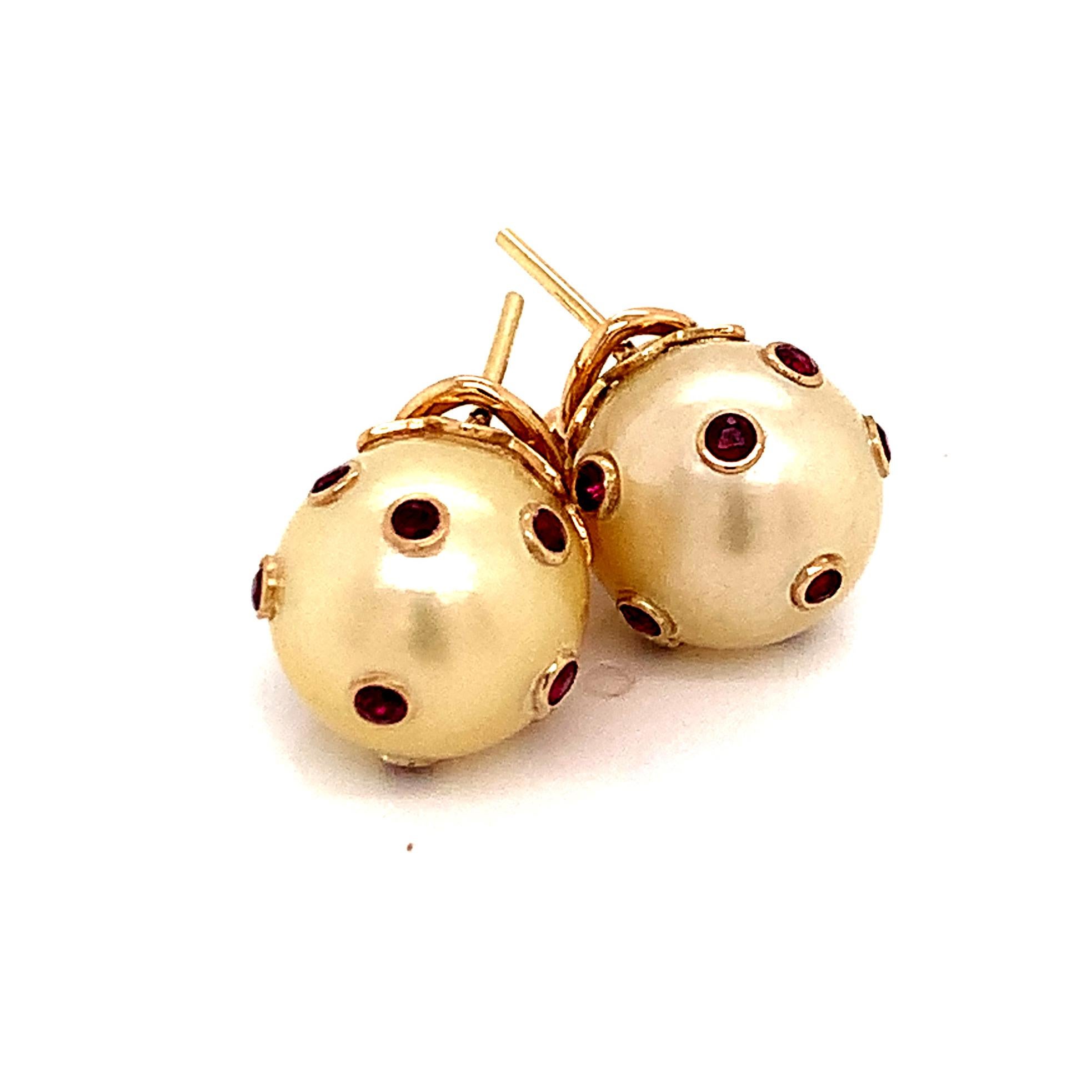 South Sea Pearl Ruby Earrings 14k Gold 0.27ctw Certified In New Condition For Sale In Brooklyn, NY