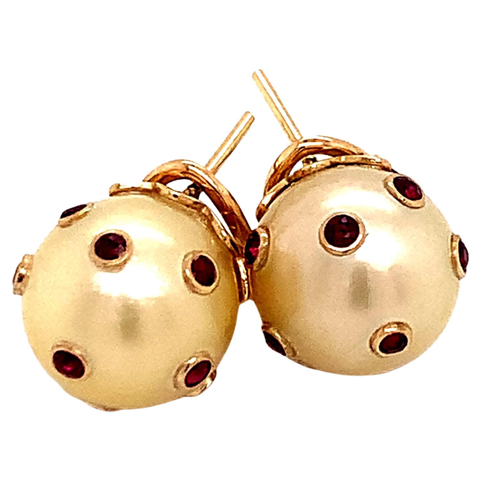 South Sea Pearl Ruby Earrings 14k Gold 0.27ctw Certified For Sale