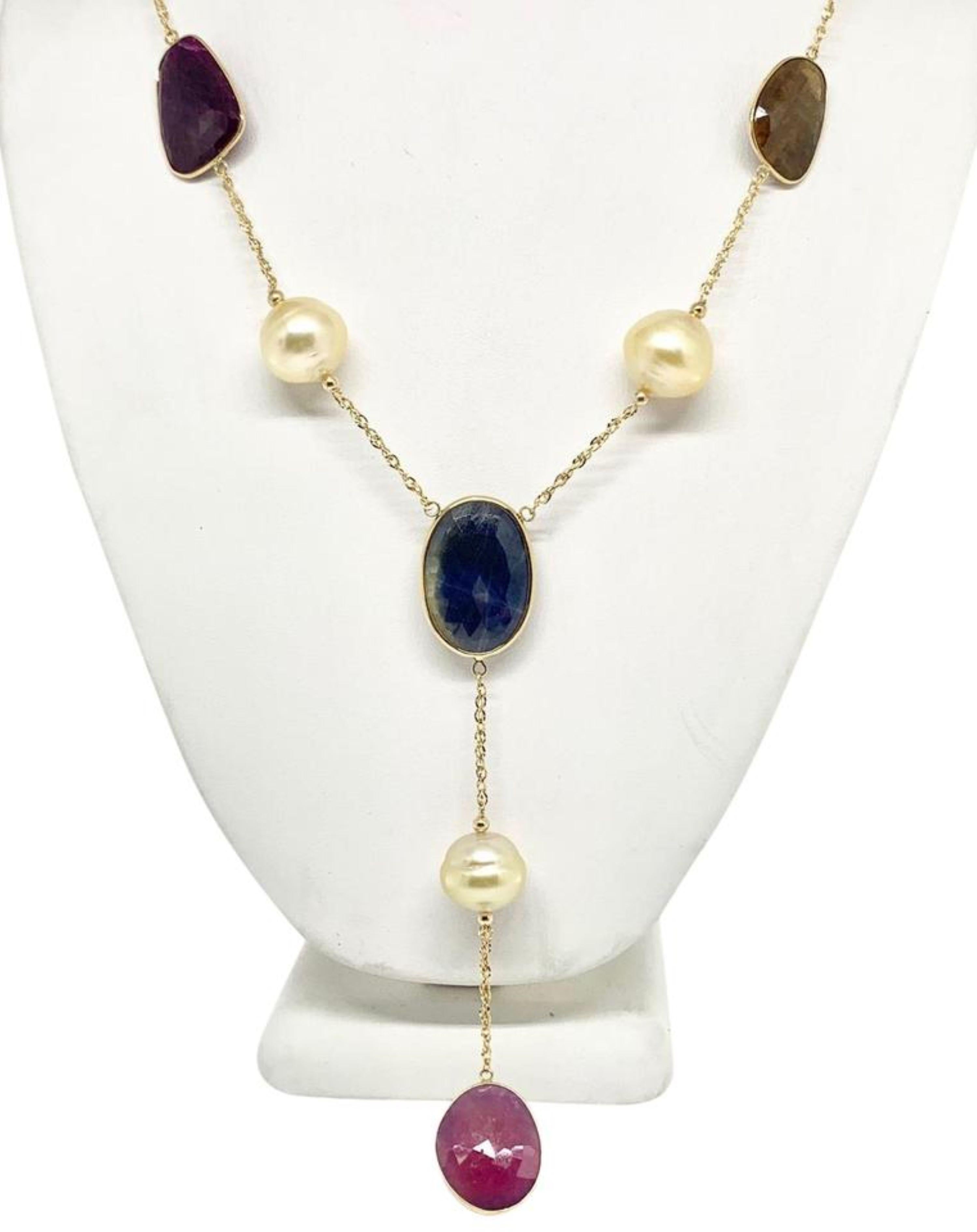 Modern South Sea Pearl Ruby Sapphire Necklace 14k Gold Certified For Sale