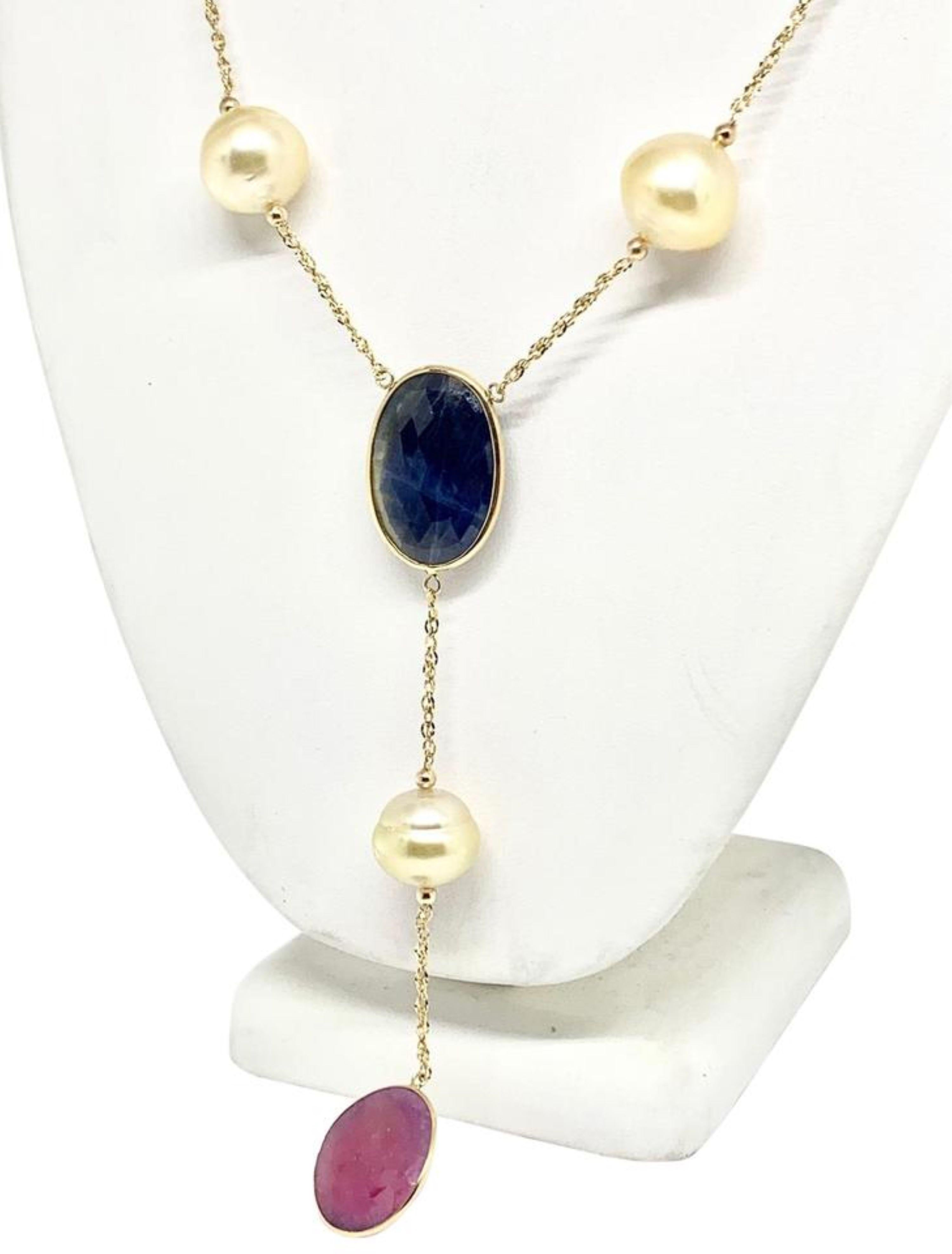 Uncut South Sea Pearl Ruby Sapphire Necklace 14k Gold Certified For Sale