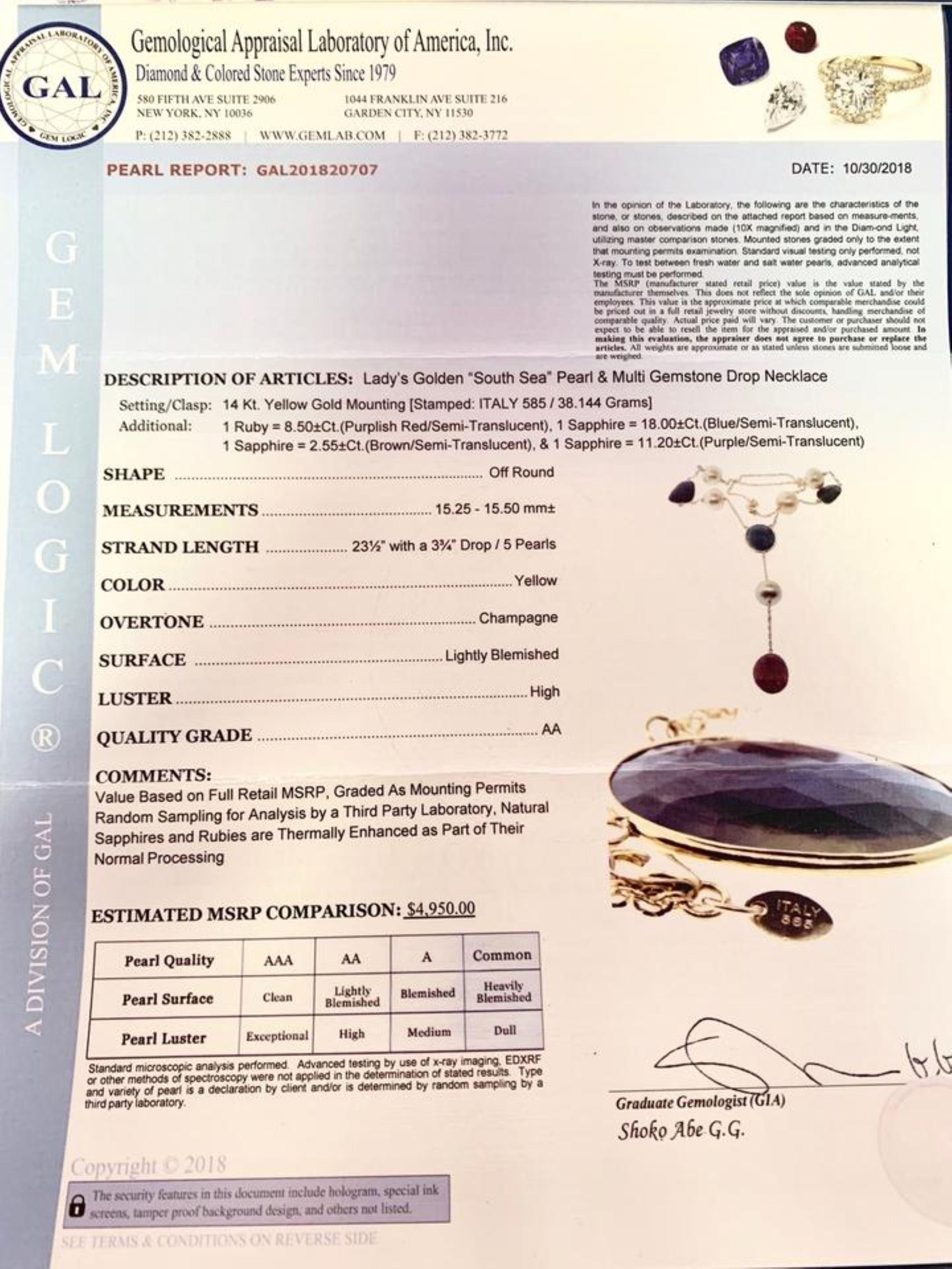South Sea Pearl Ruby Sapphire Necklace 14k Gold Certified For Sale 2