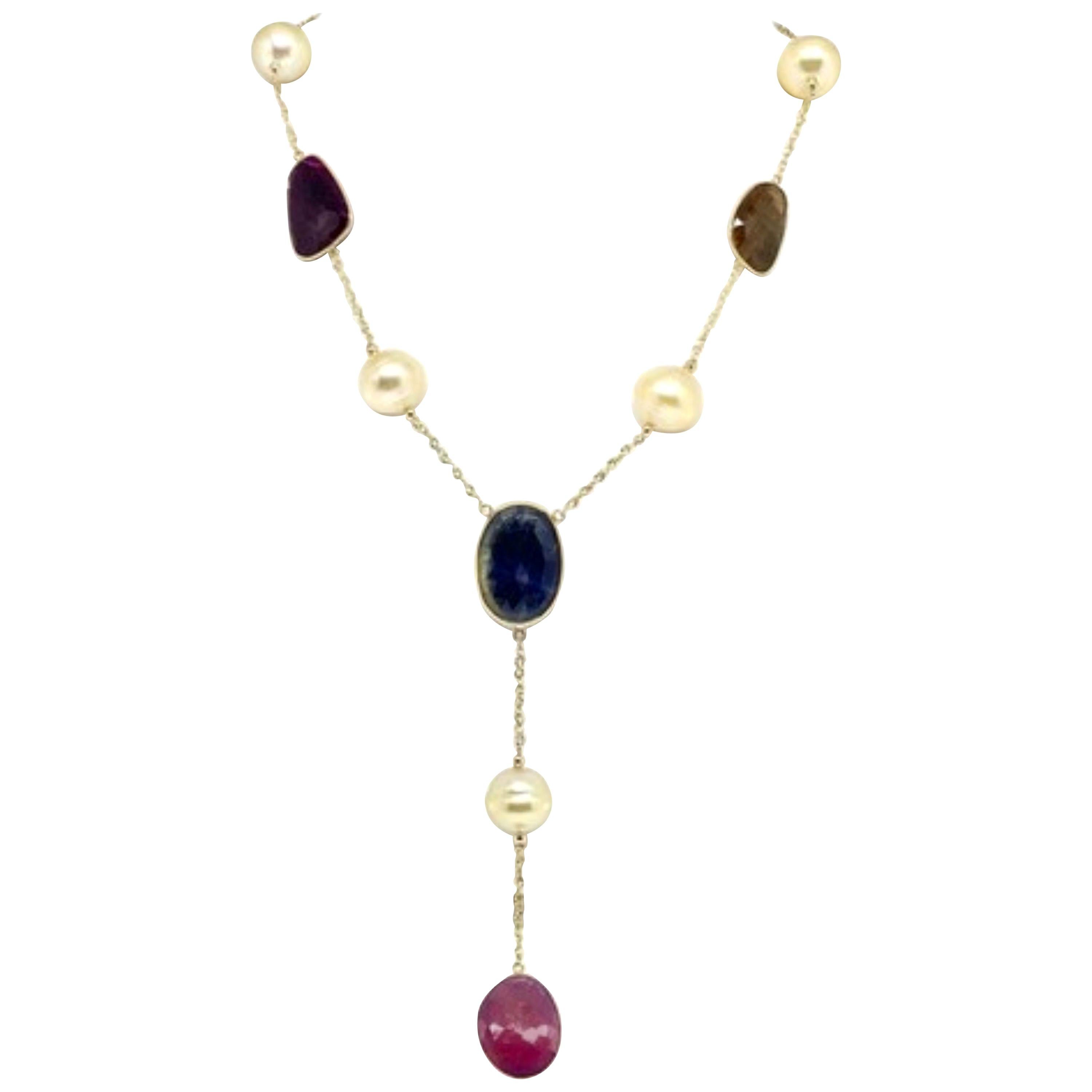 South Sea Pearl Ruby Sapphire Necklace 14k Gold Certified