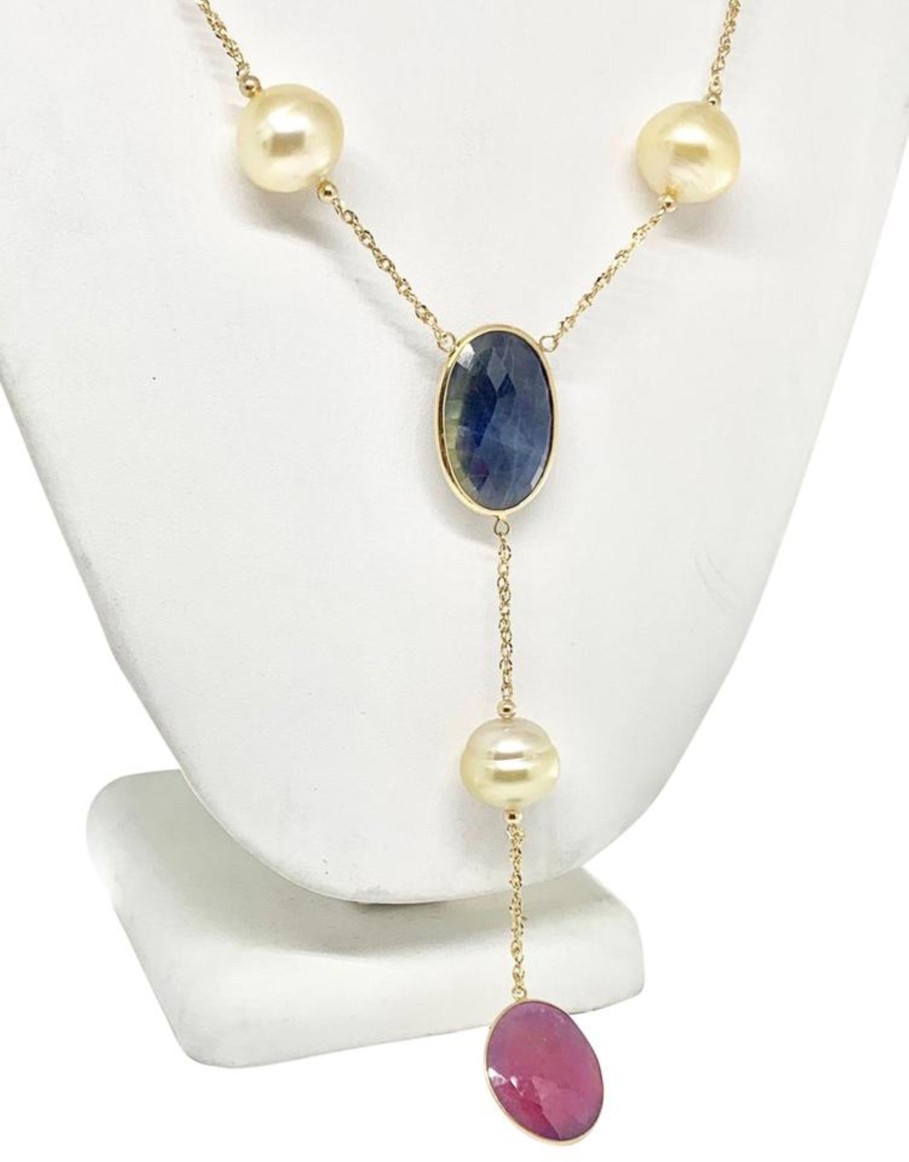 Modern South Sea Pearl Ruby Sapphire Necklace 14k Gold Certified For Sale