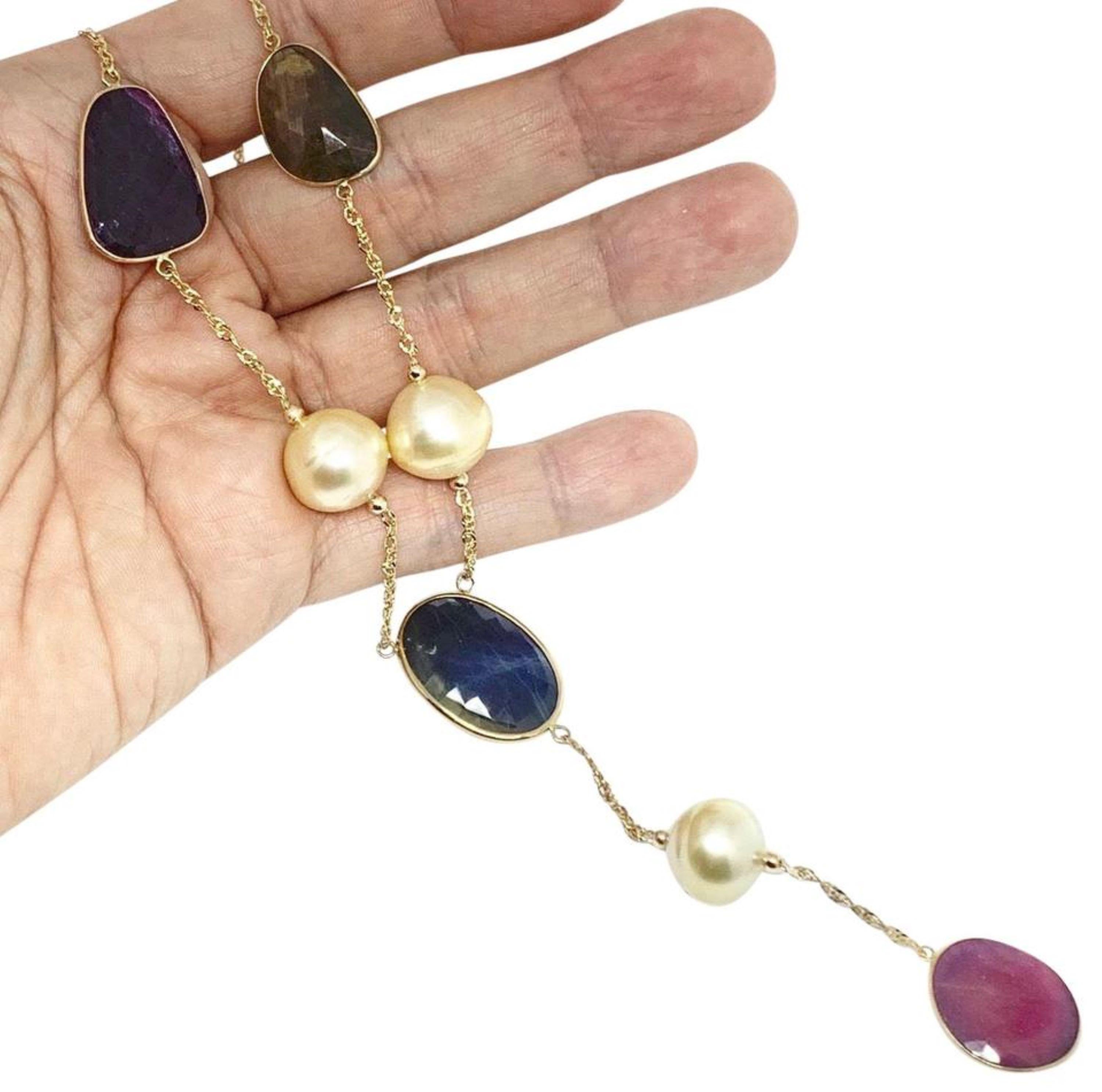 Uncut South Sea Pearl Ruby Sapphire Necklace 14k Gold Certified For Sale