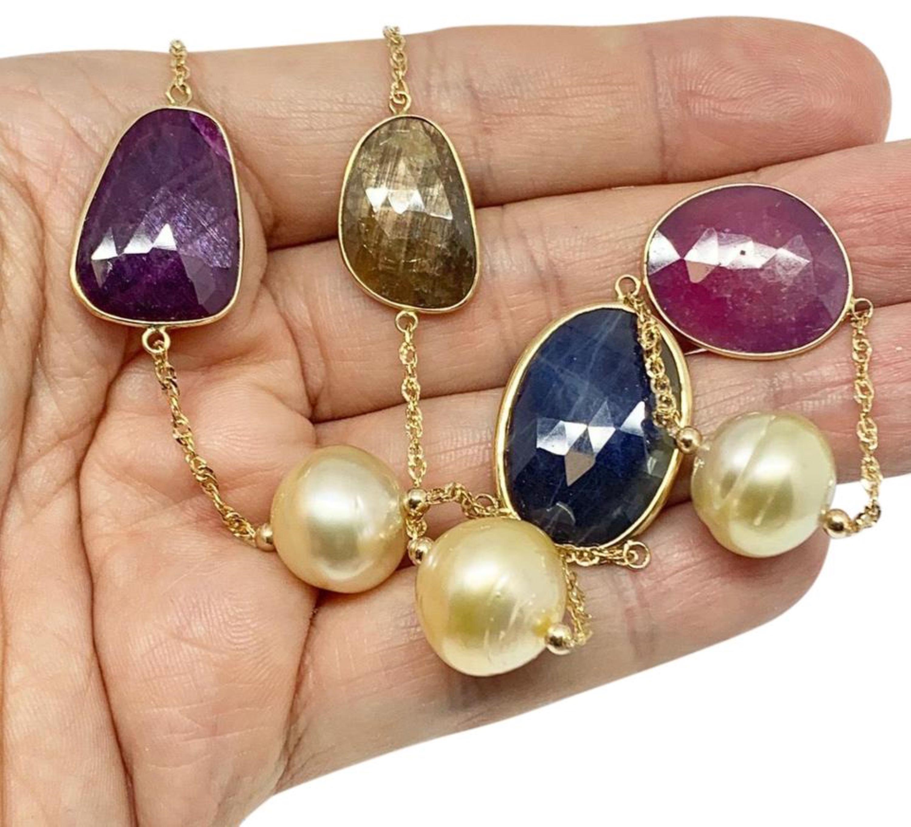 South Sea Pearl Ruby Sapphire Necklace 14k Gold Certified In New Condition For Sale In Brooklyn, NY