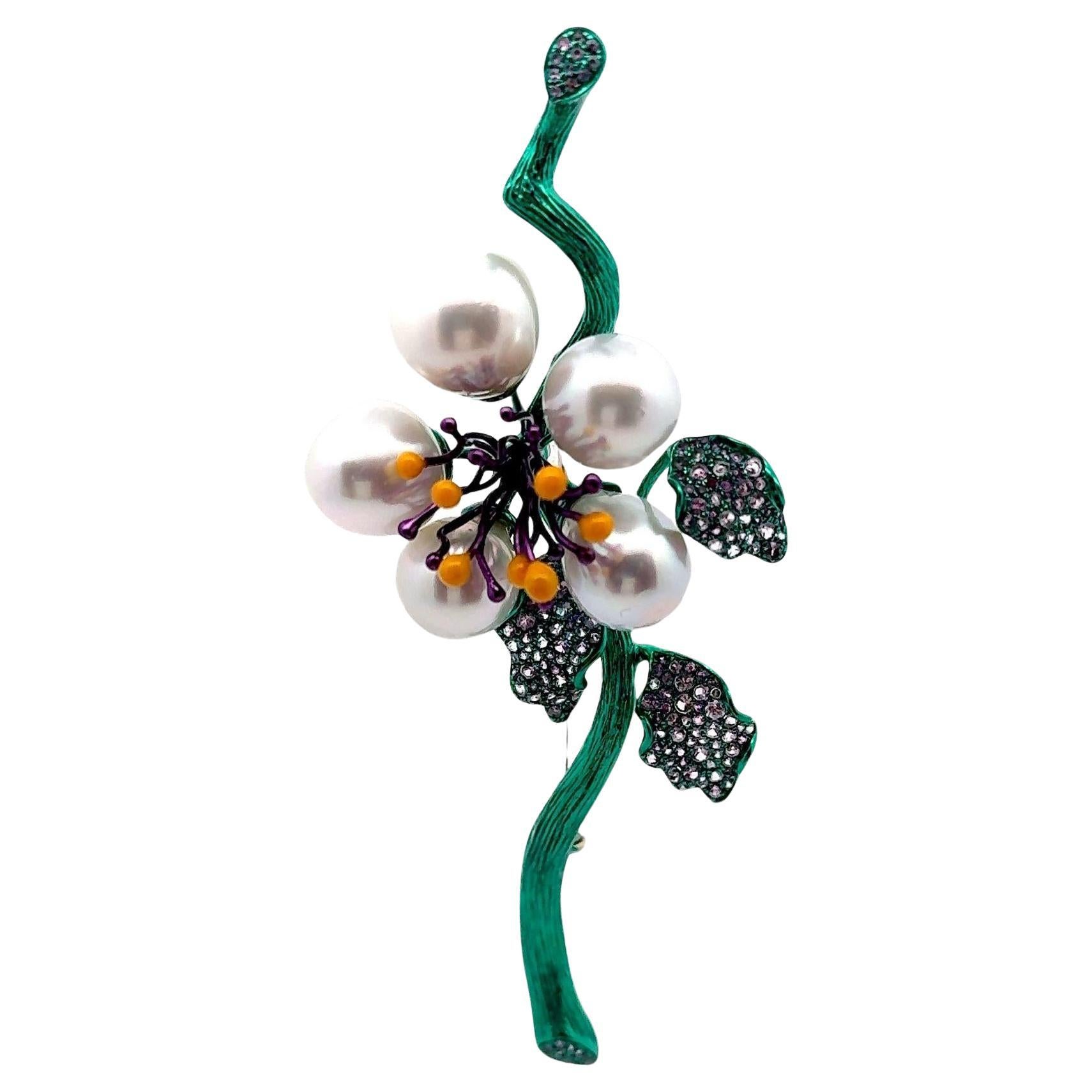South Sea Pearl Sapphire 18k Gold & Green-Rhodium Floral Brooch