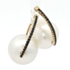 South Sea Pearl & Sapphire "Ball Hooper" Hinged Post Drop Earrings in 18K Gold