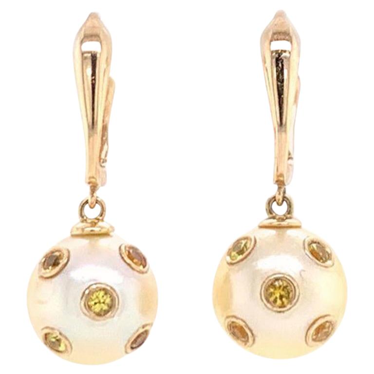 South Sea Pearl Sapphire Dangle Earrings 14k Gold Certified