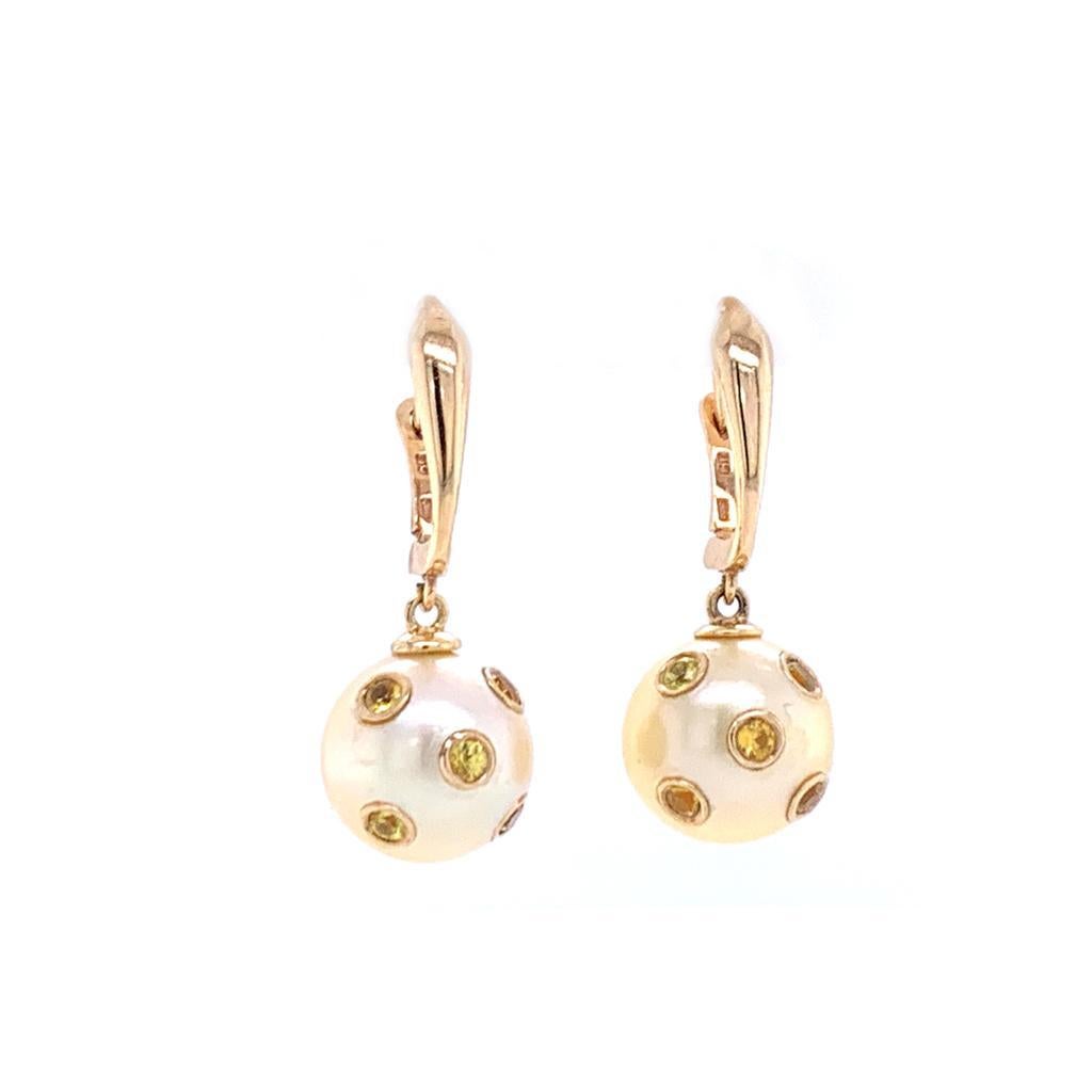 Modern South Sea Pearl Sapphire Dangle Earrings 14k Gold Certified