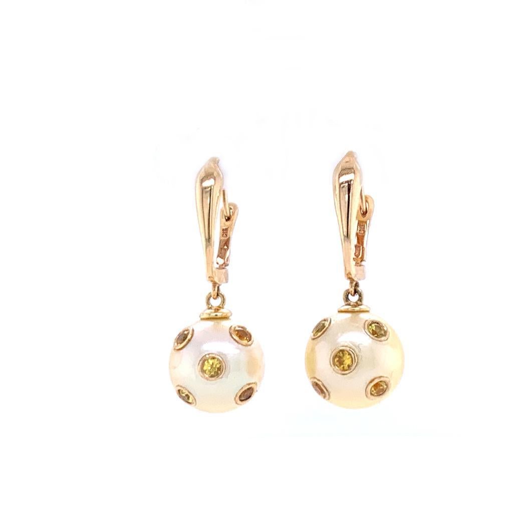 Round Cut South Sea Pearl Sapphire Dangle Earrings 14k Gold Certified