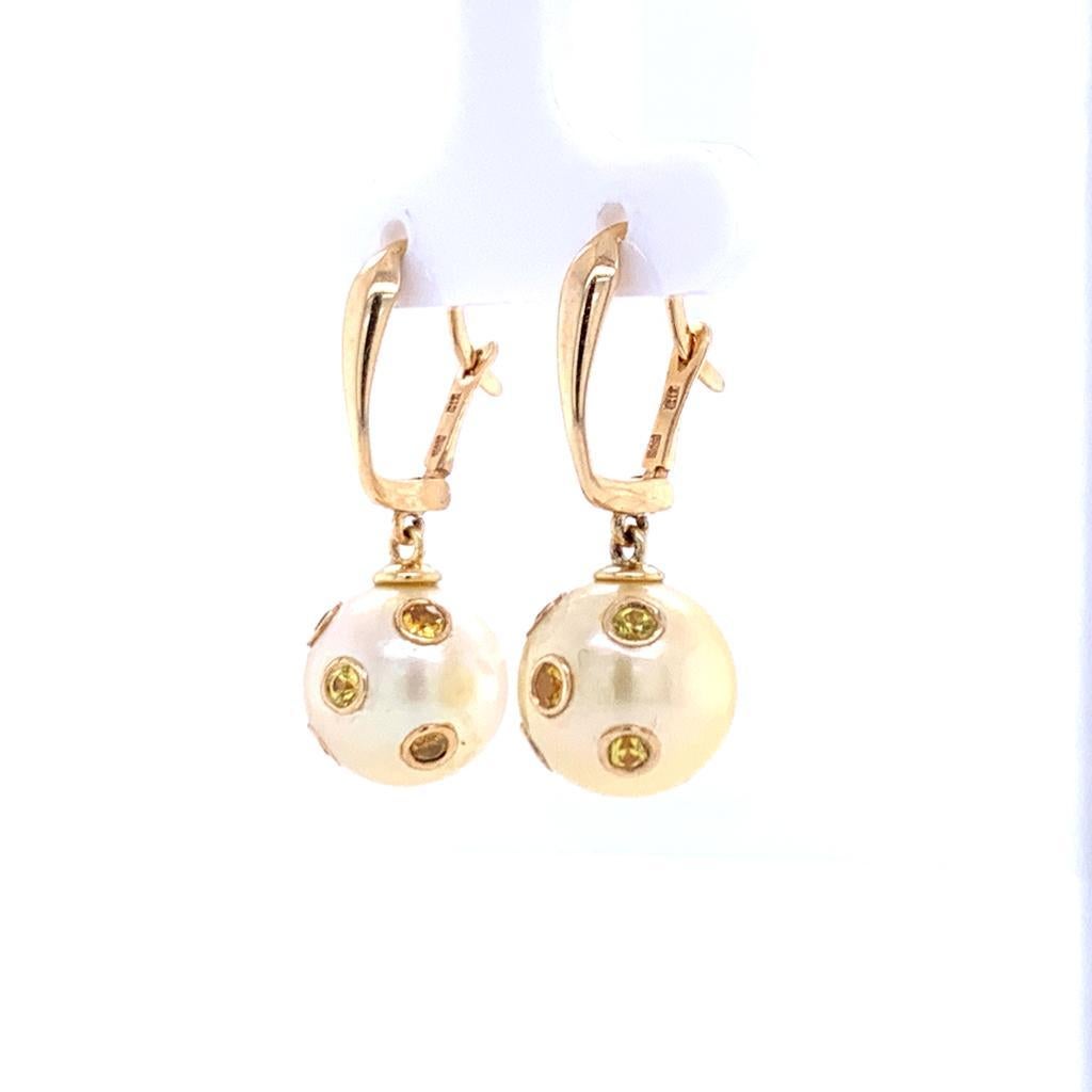 South Sea Pearl Sapphire Dangle Earrings 14k Gold Certified In New Condition In Brooklyn, NY