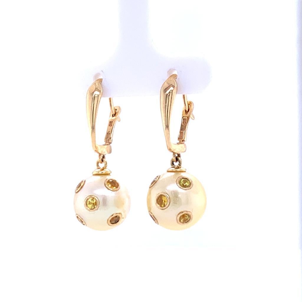 Women's South Sea Pearl Sapphire Dangle Earrings 14k Gold Certified