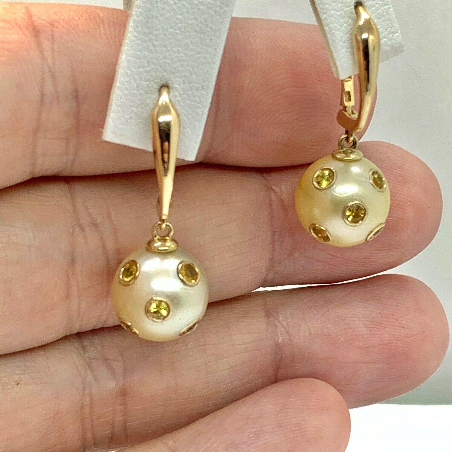 South Sea Pearl Sapphire Dangle Earrings 14k Gold Certified 2