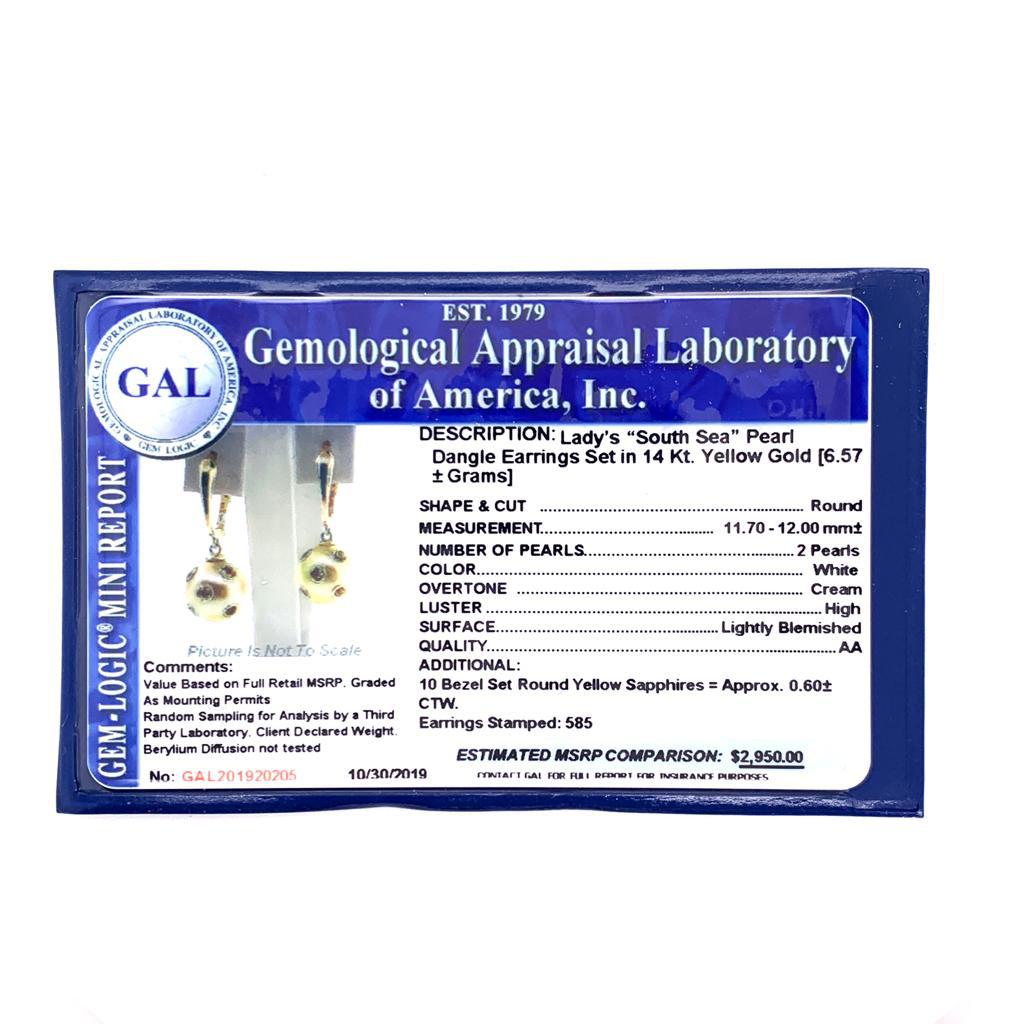 South Sea Pearl Sapphire Dangle Earrings 14k Gold Certified 3