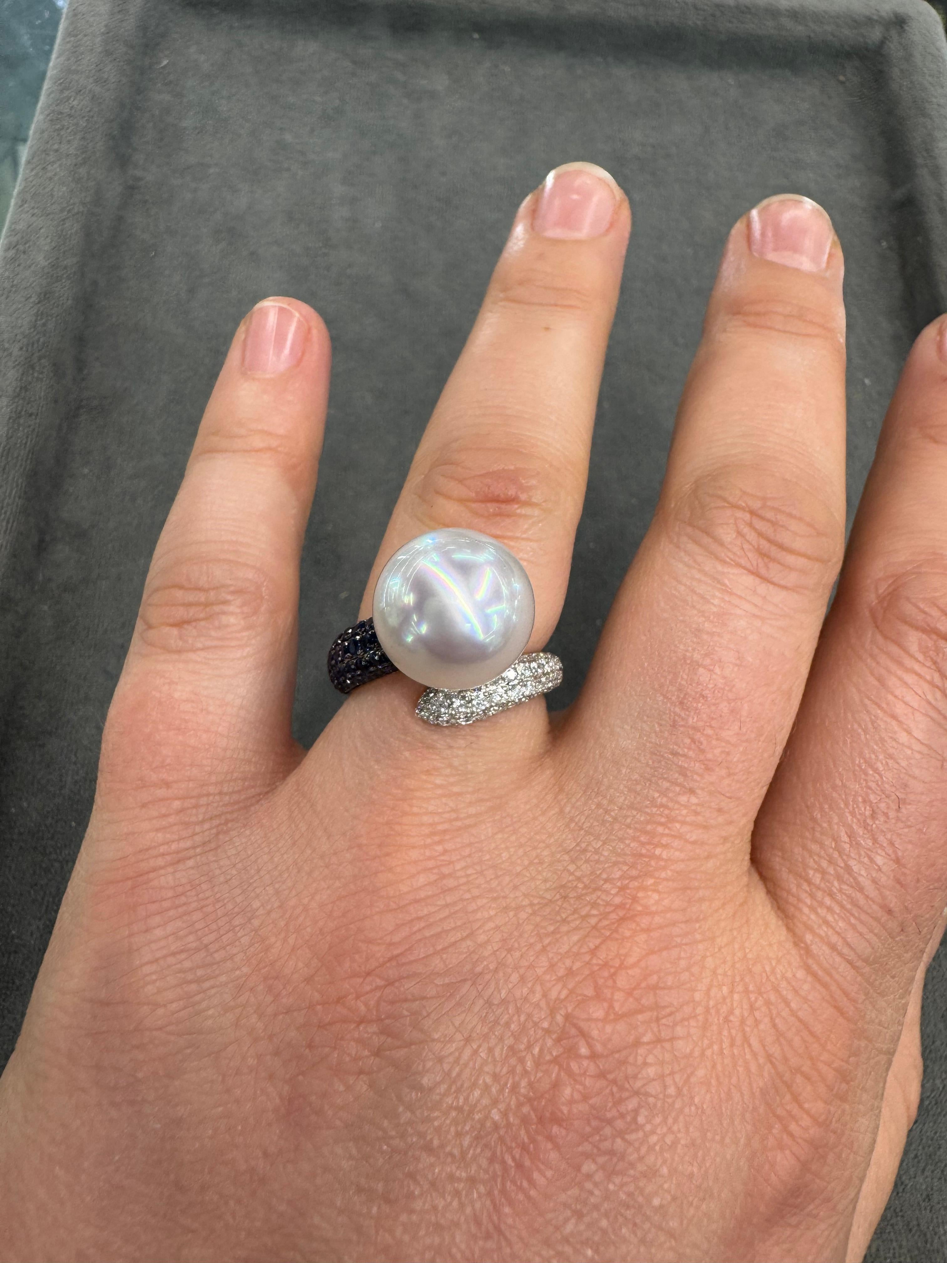 Women's South Sea Pearl Sapphire Diamond Bypass Cocktail Ring 12-13 MM 0.94 CTTW 18KT For Sale
