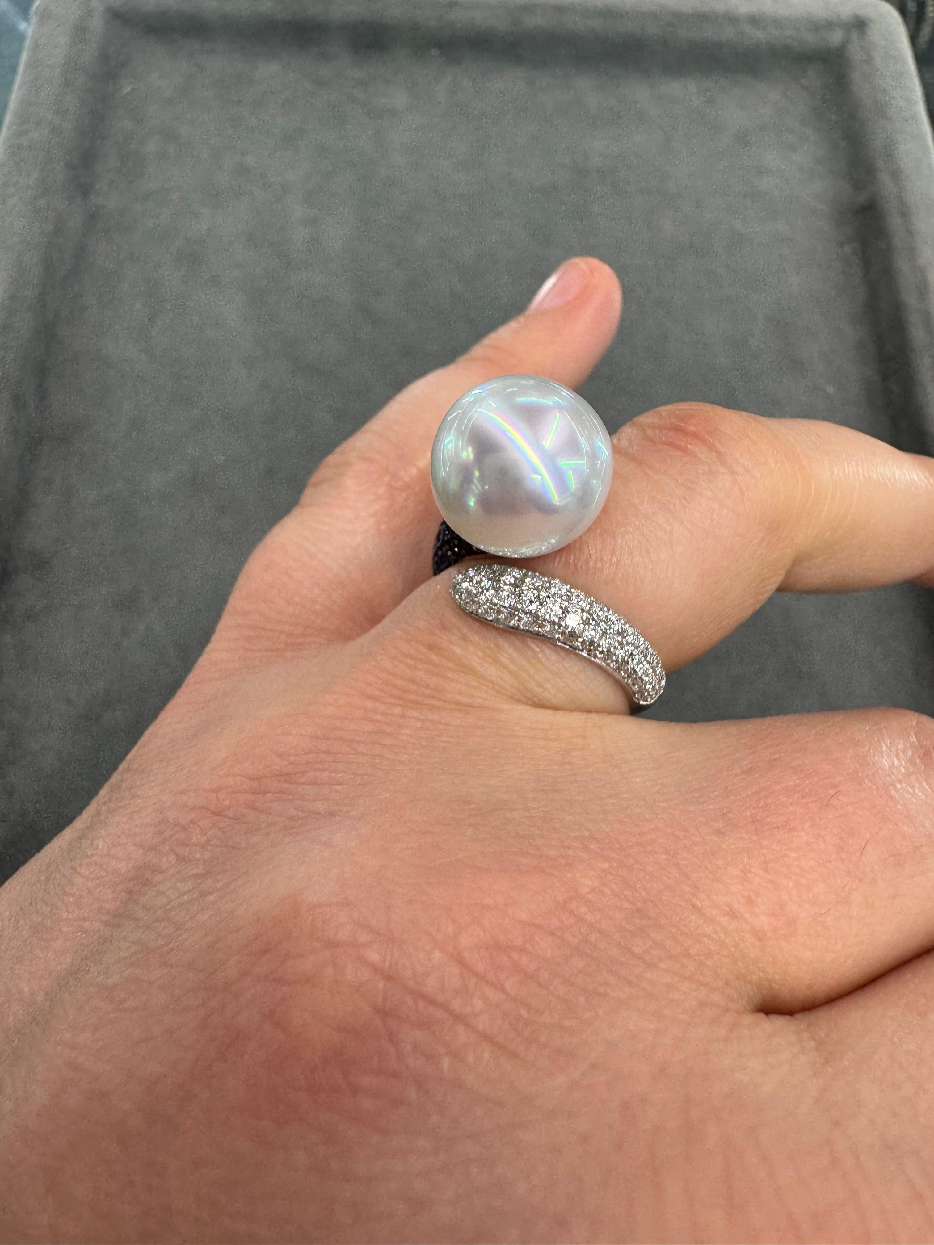 South Sea Pearl Sapphire Diamond Bypass Cocktail Ring 12-13 MM 0.94 CTTW 18KT For Sale 2