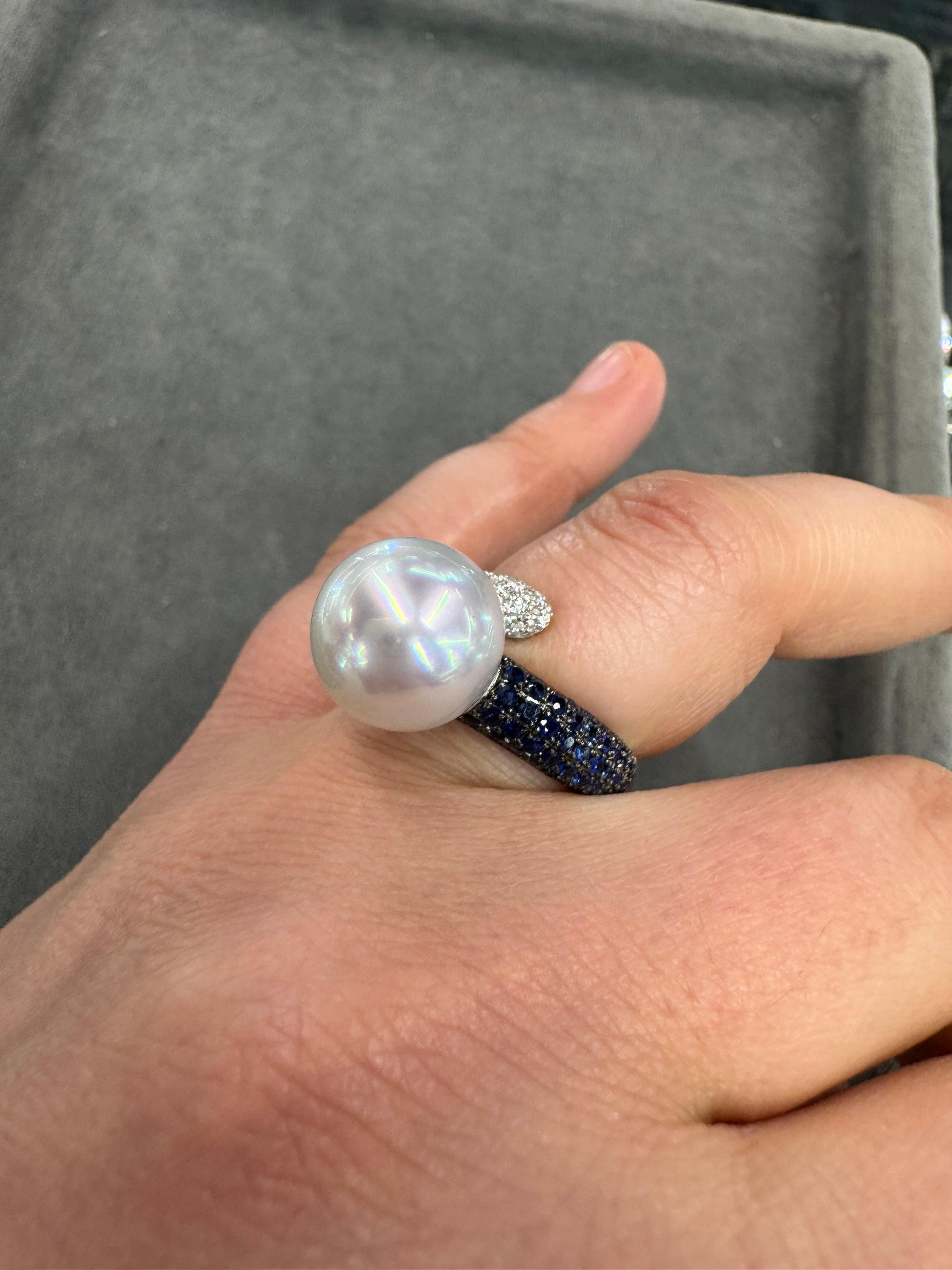 South Sea Pearl Sapphire Diamond Bypass Cocktail Ring 12-13 MM 0.94 CTTW 18KT For Sale 3
