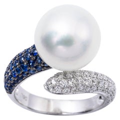 South Sea Pearl Sapphire Diamond Bypass Cocktail Ring 12-13 MM 0.94 CTTW 18KT
