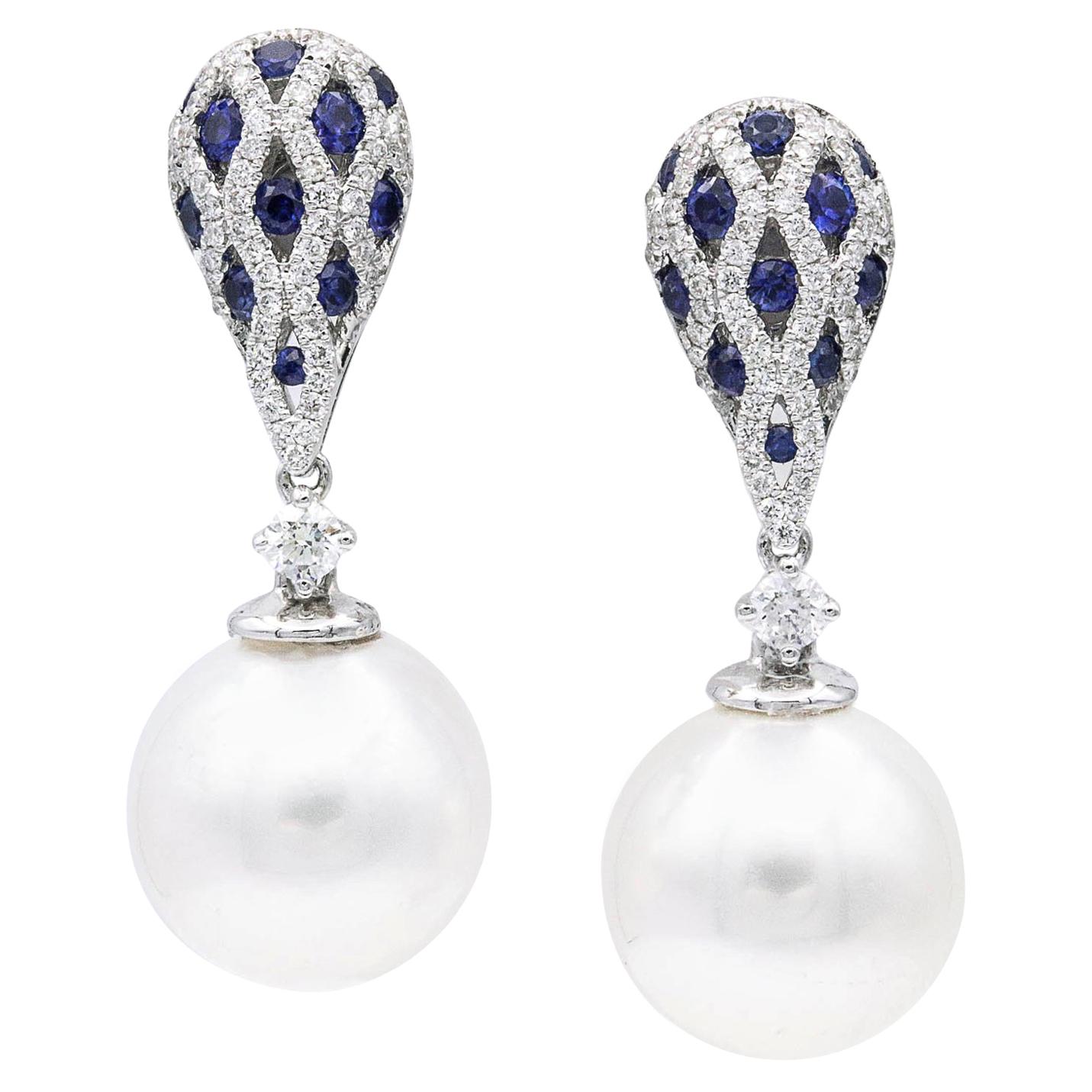 South Sea Pearl Sapphire Diamond Drop Earrings 1.28 Carat 18 Karat