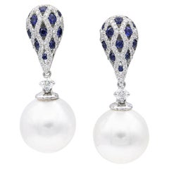 South Sea Pearl Sapphire Diamond Drop Earrings 1.28 Carat 18 Karat