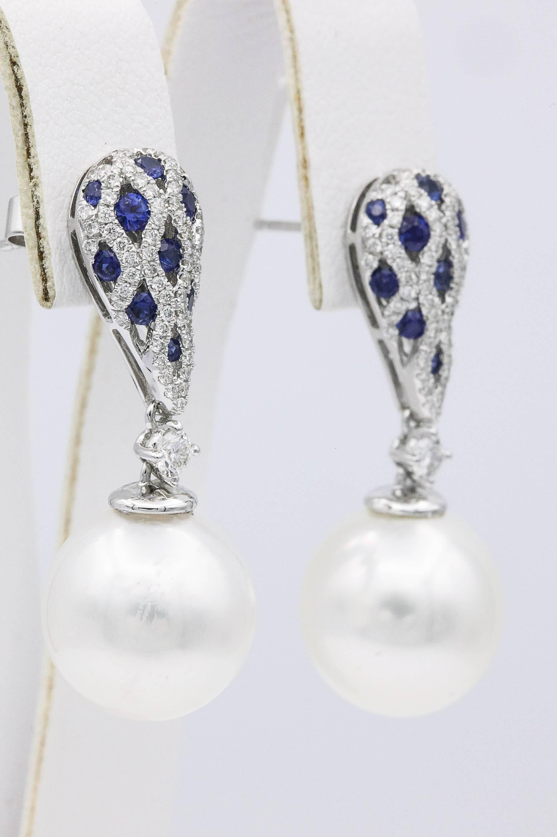 Contemporary South Sea Pearl Sapphire Diamond Drop Earrings 1.28 Carat 18 Karat