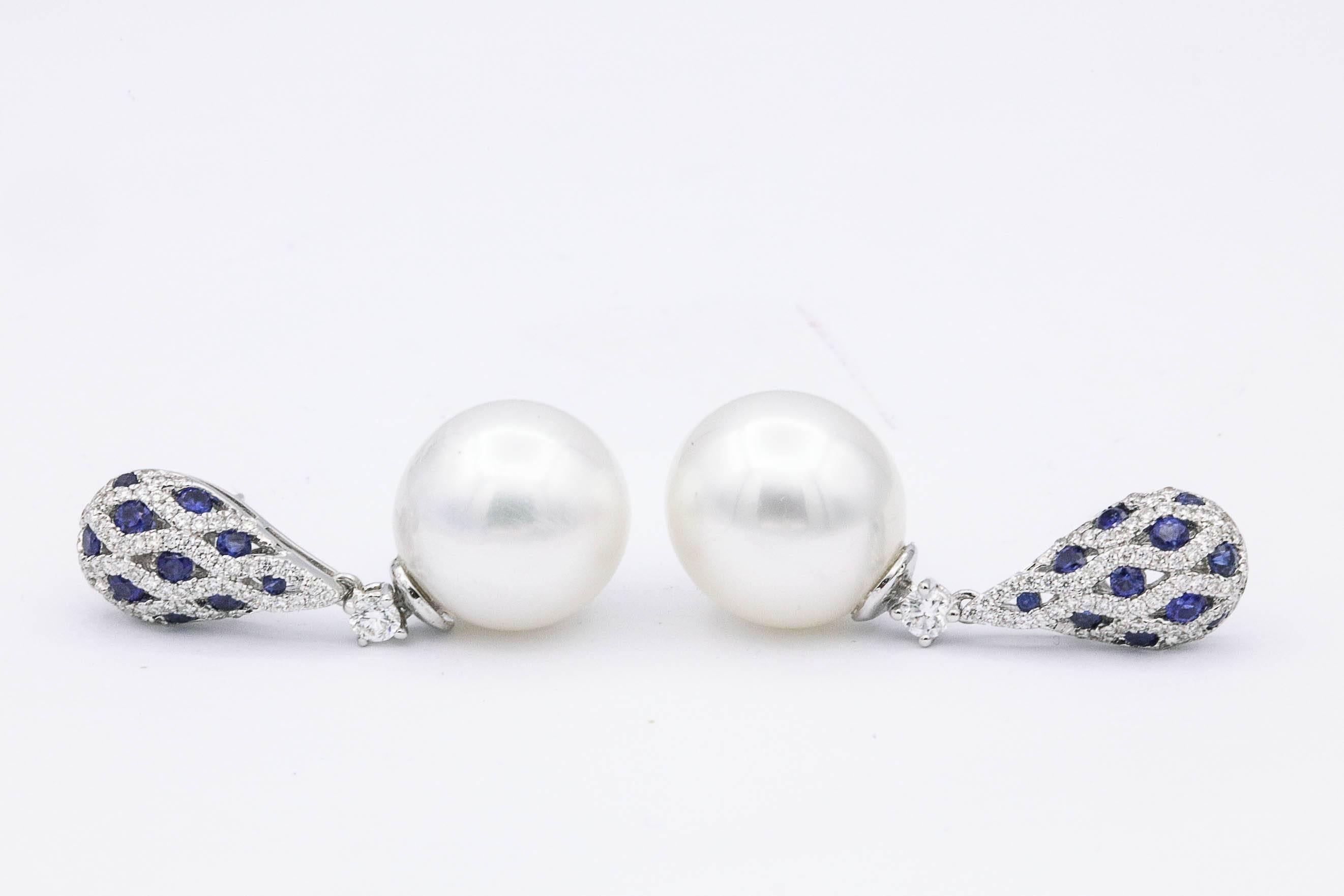 Round Cut South Sea Pearl Sapphire Diamond Drop Earrings 1.28 Carat 18 Karat