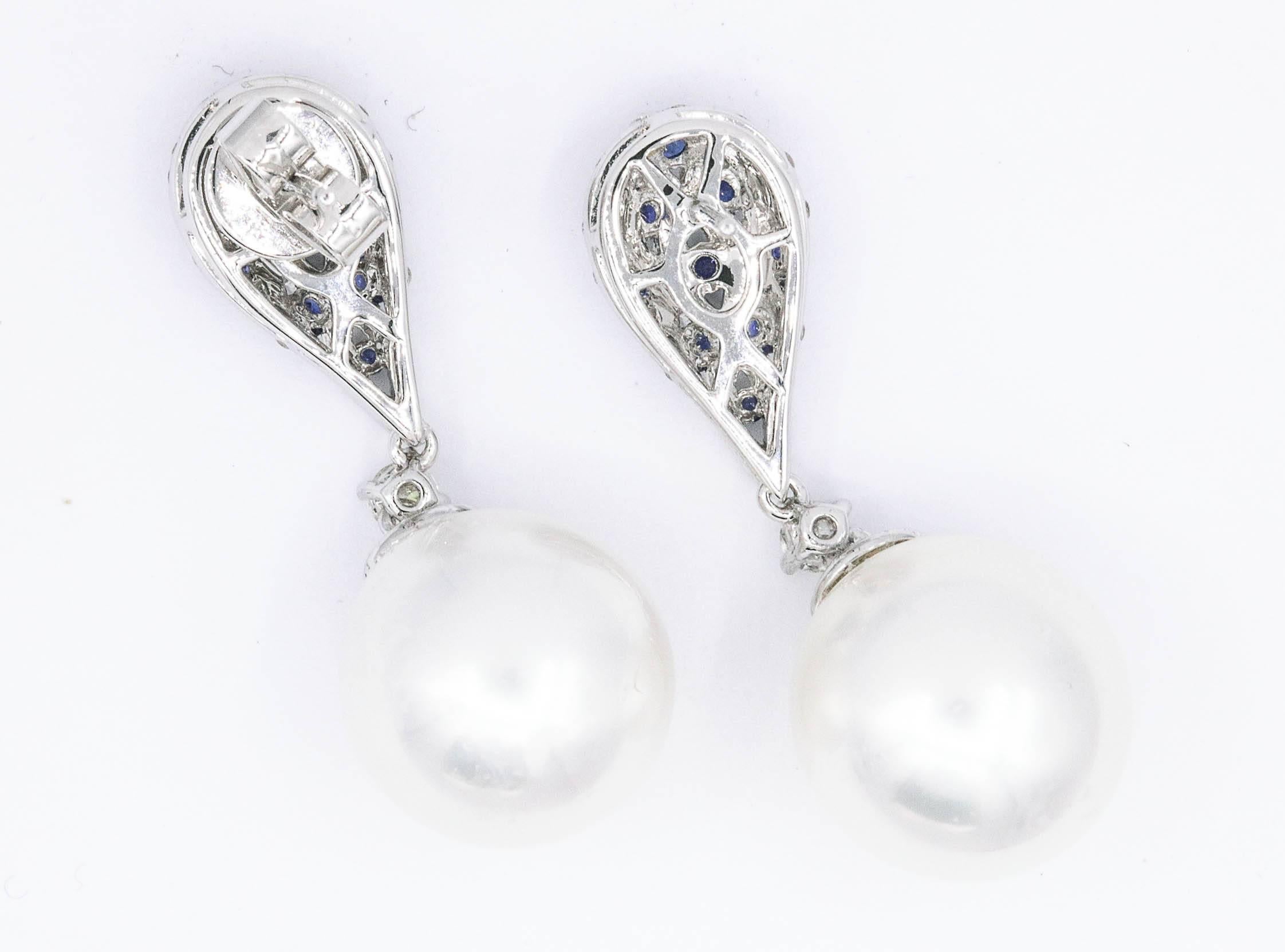 South Sea Pearl Sapphire Diamond Drop Earrings 1.28 Carat 18 Karat In New Condition In New York, NY