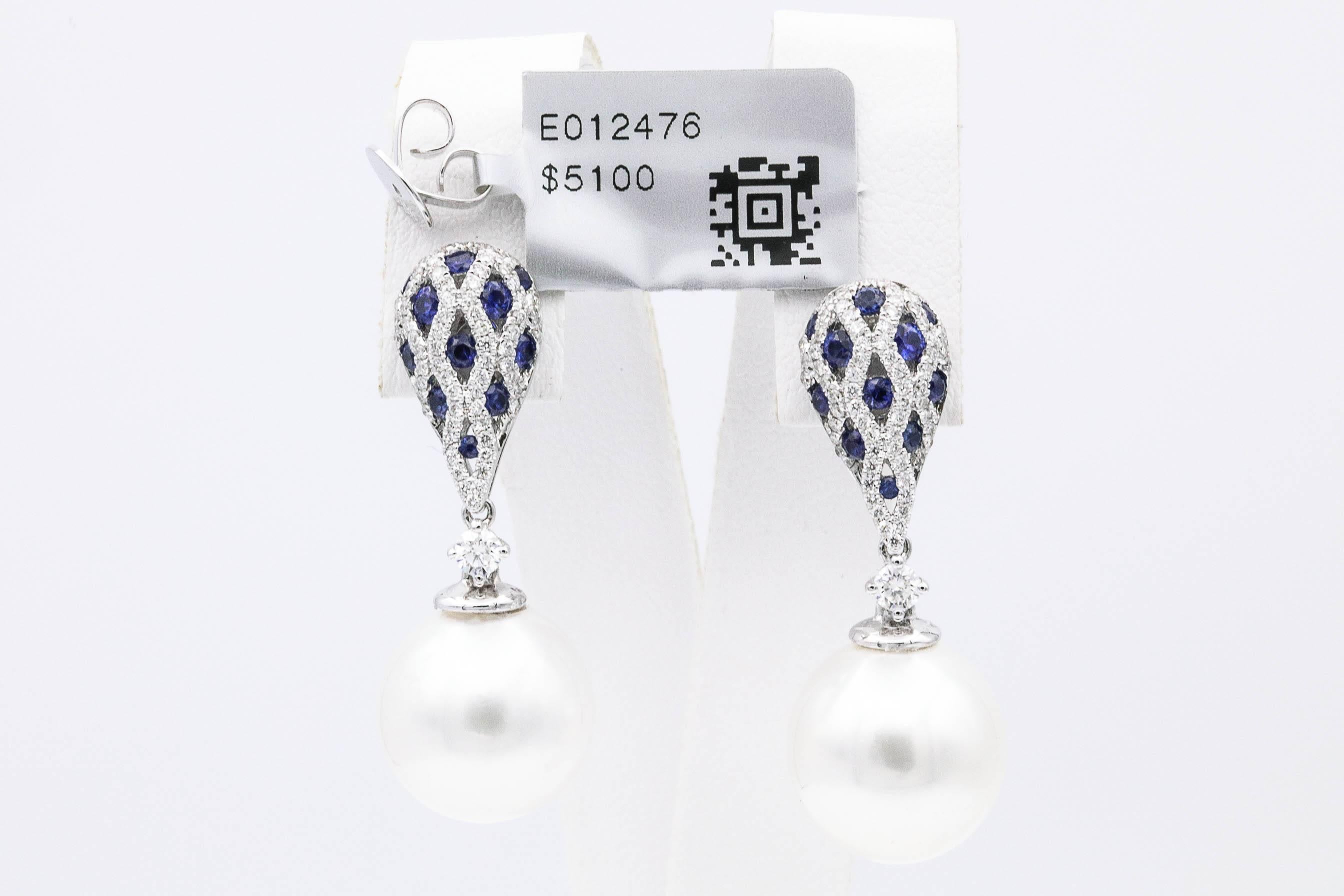 Women's South Sea Pearl Sapphire Diamond Drop Earrings 1.28 Carat 18 Karat