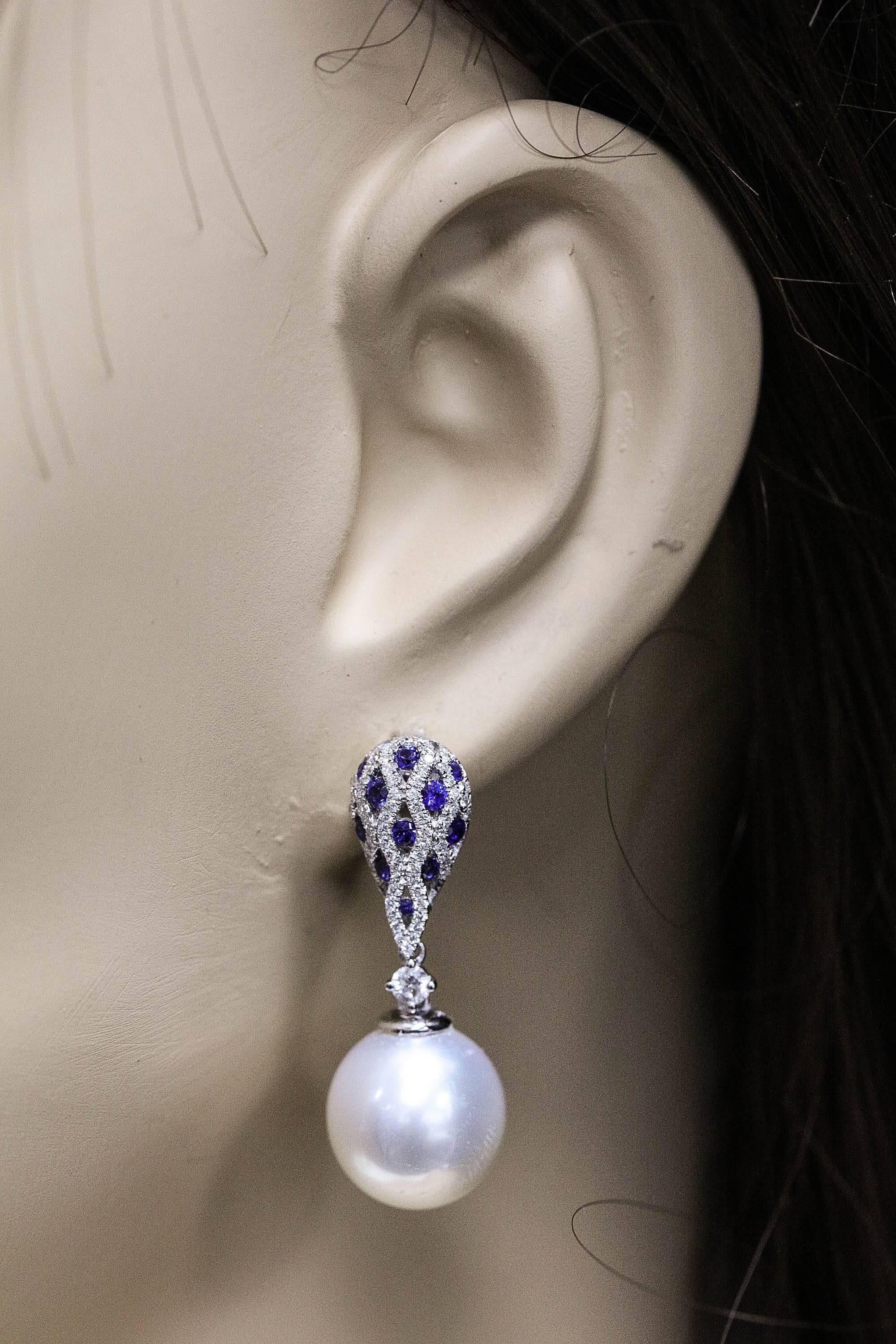 South Sea Pearl Sapphire Diamond Drop Earrings 1.28 Carat 18 Karat 1