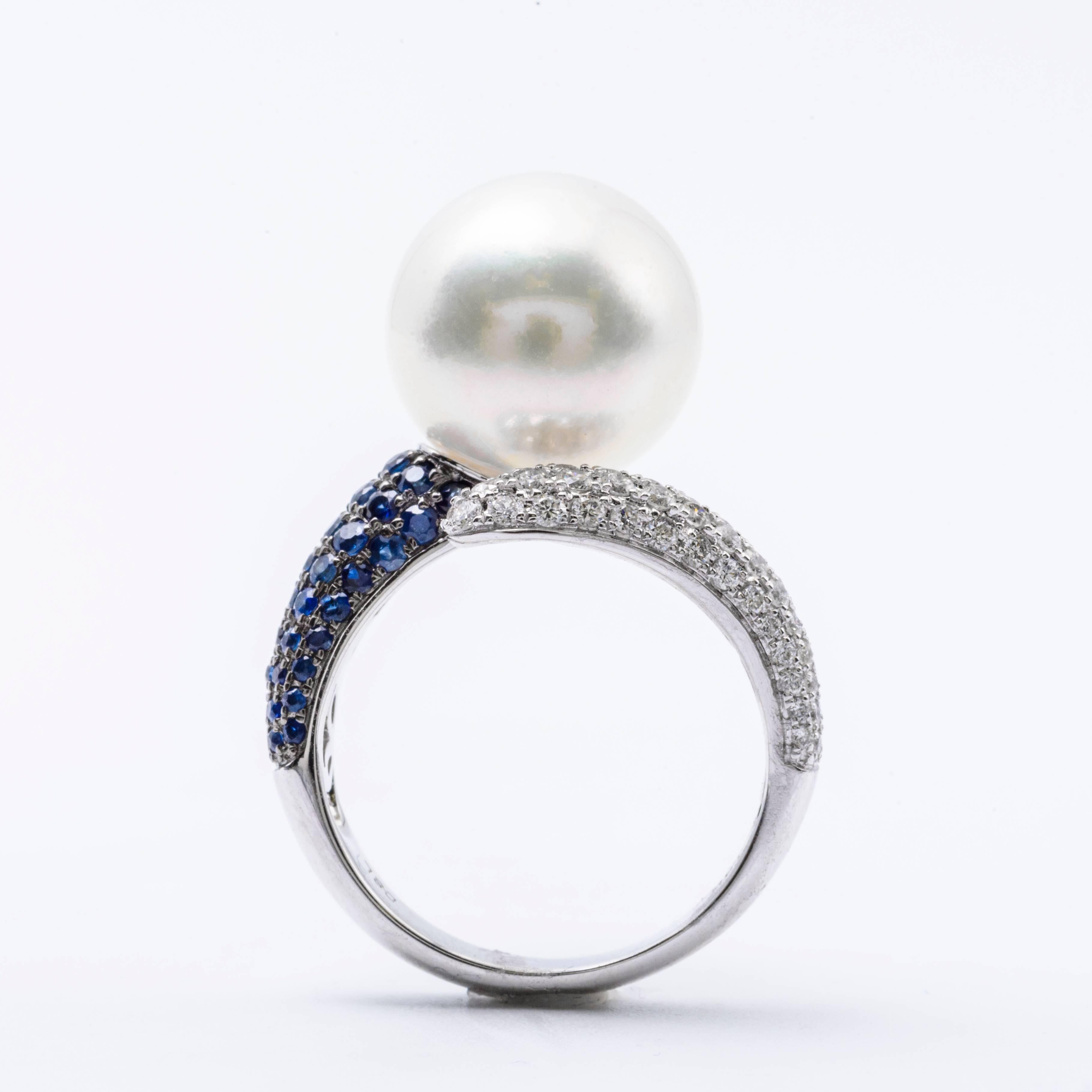 Contemporary South Sea Pearl Sapphire Diamond White Gold Cocktail Ring For Sale