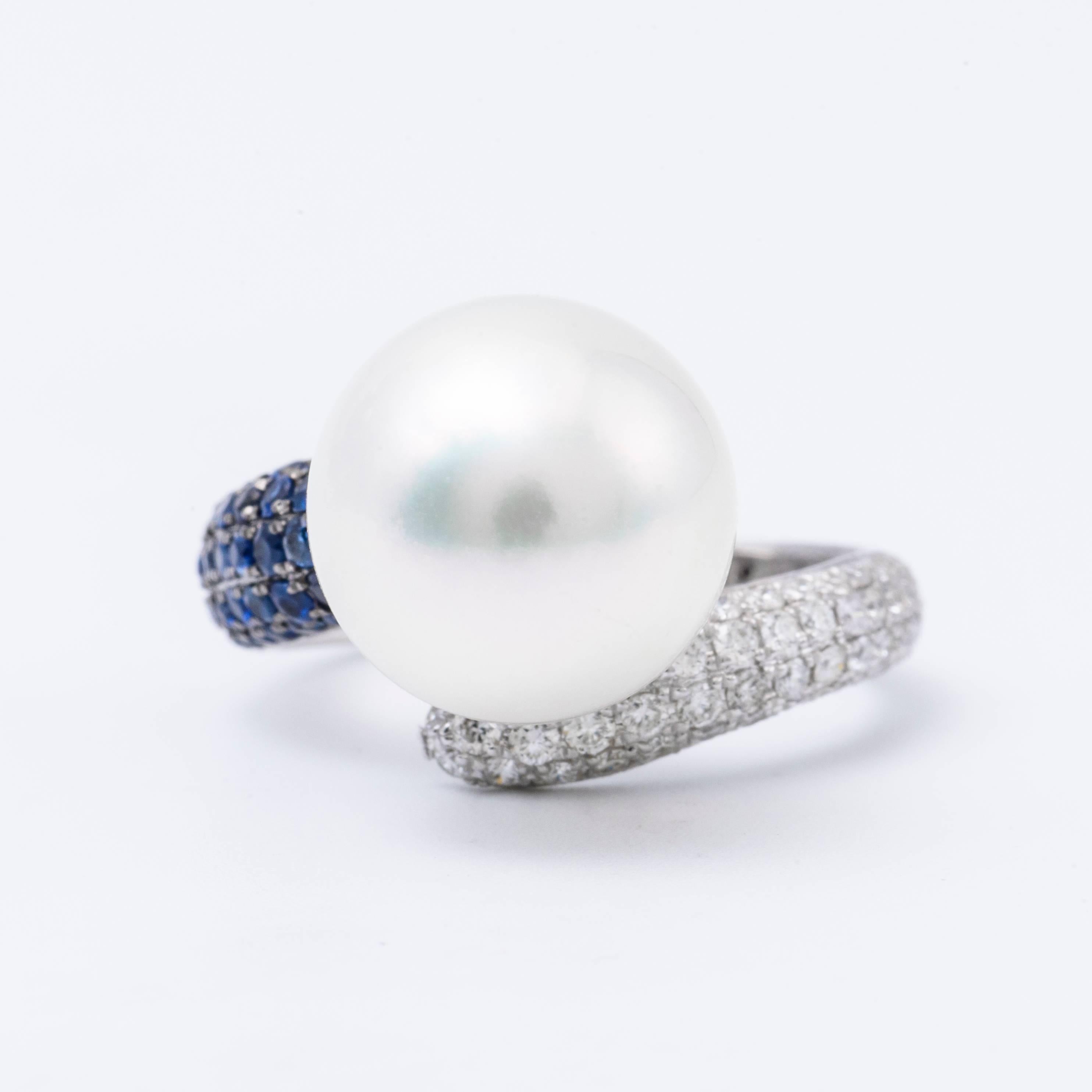 Oval Cut South Sea Pearl Sapphire Diamond White Gold Cocktail Ring For Sale