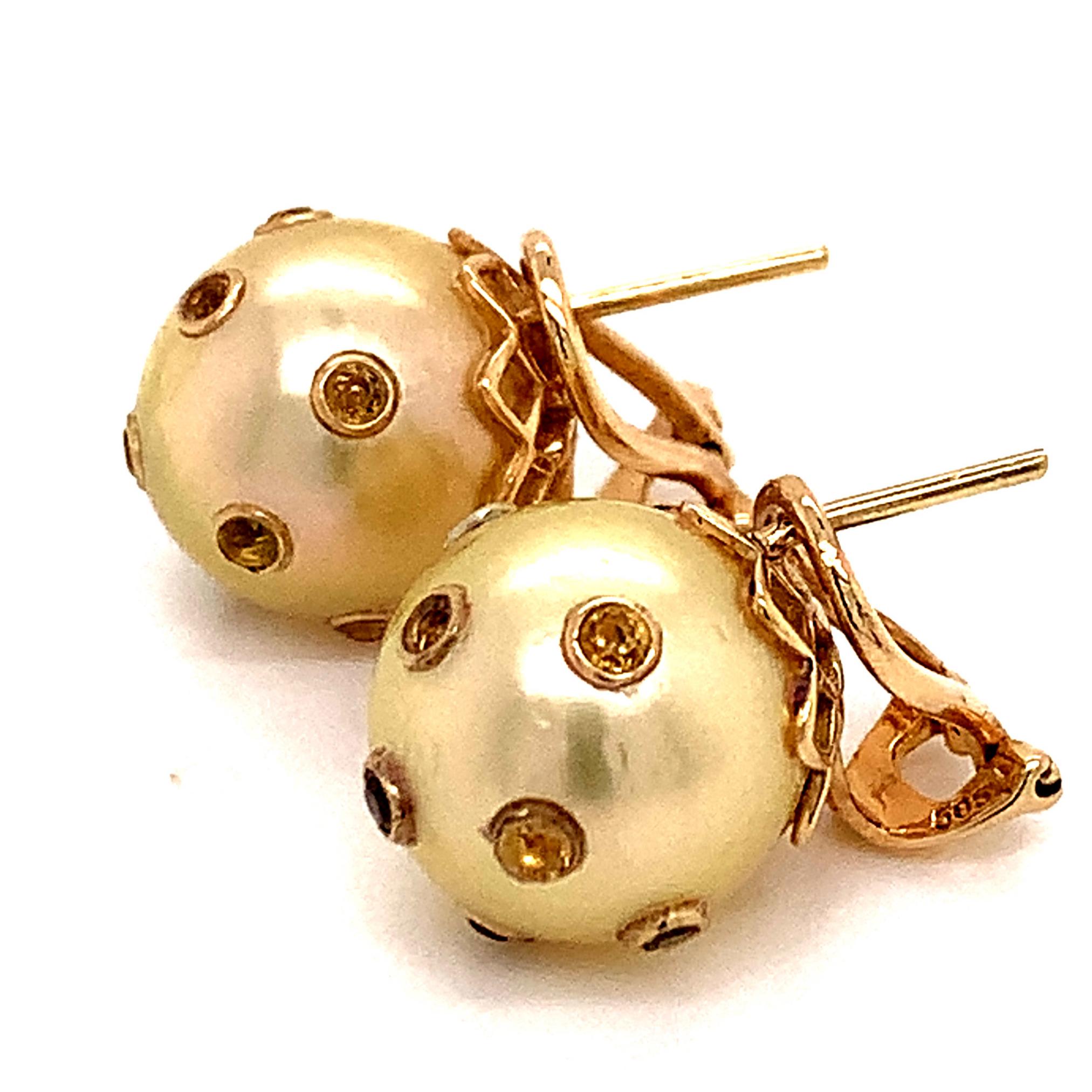 Round Cut South Sea Pearl Sapphire Earrings 14k Gold Certified For Sale