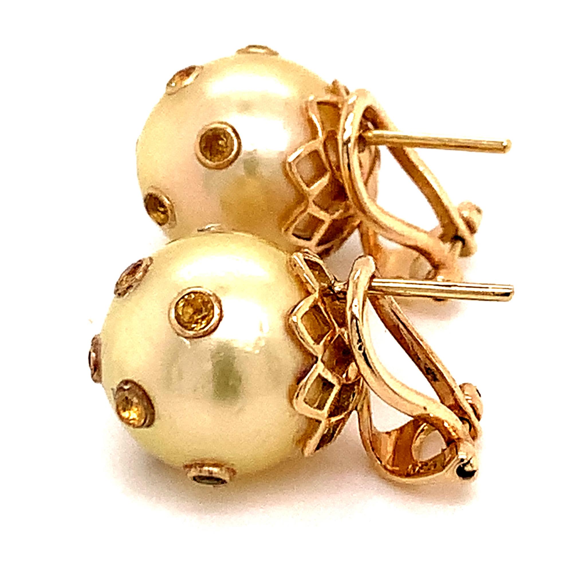 Women's South Sea Pearl Sapphire Earrings 14k Gold Certified For Sale