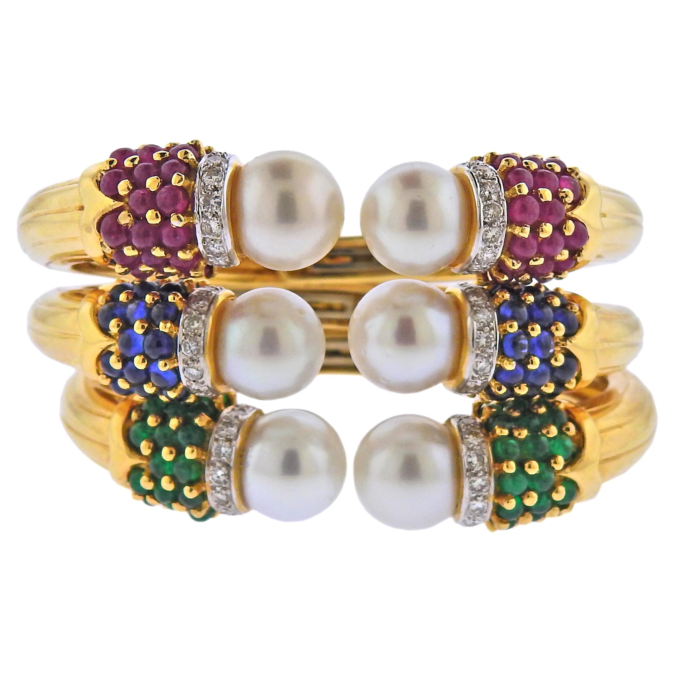 South Sea Pearl Sapphire Emerald Ruby Diamond Gold Bracelet Set