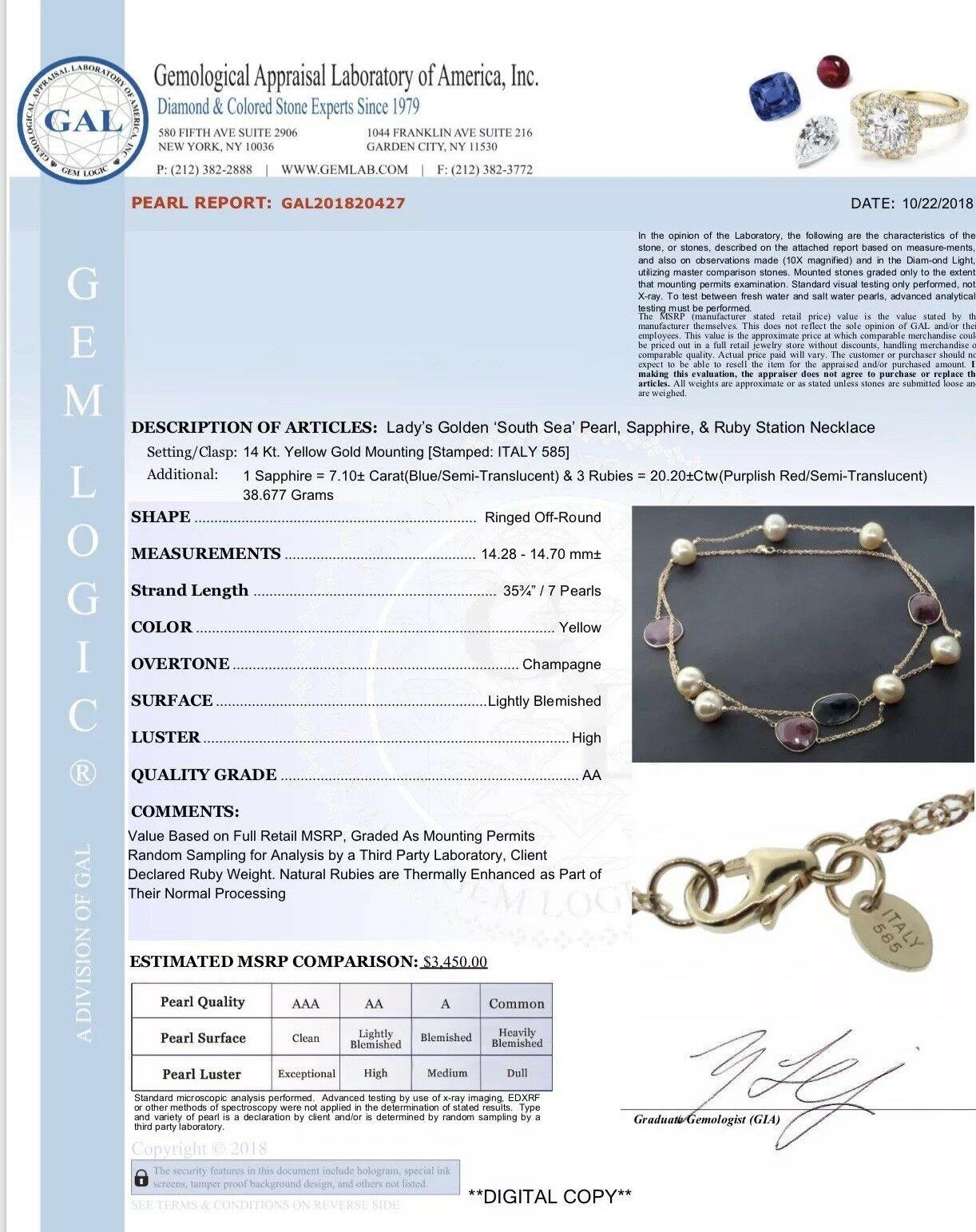 Collar Perla del Mar del Sur Zafiro Rubí 14 Kilates Italia Certificado en venta 6