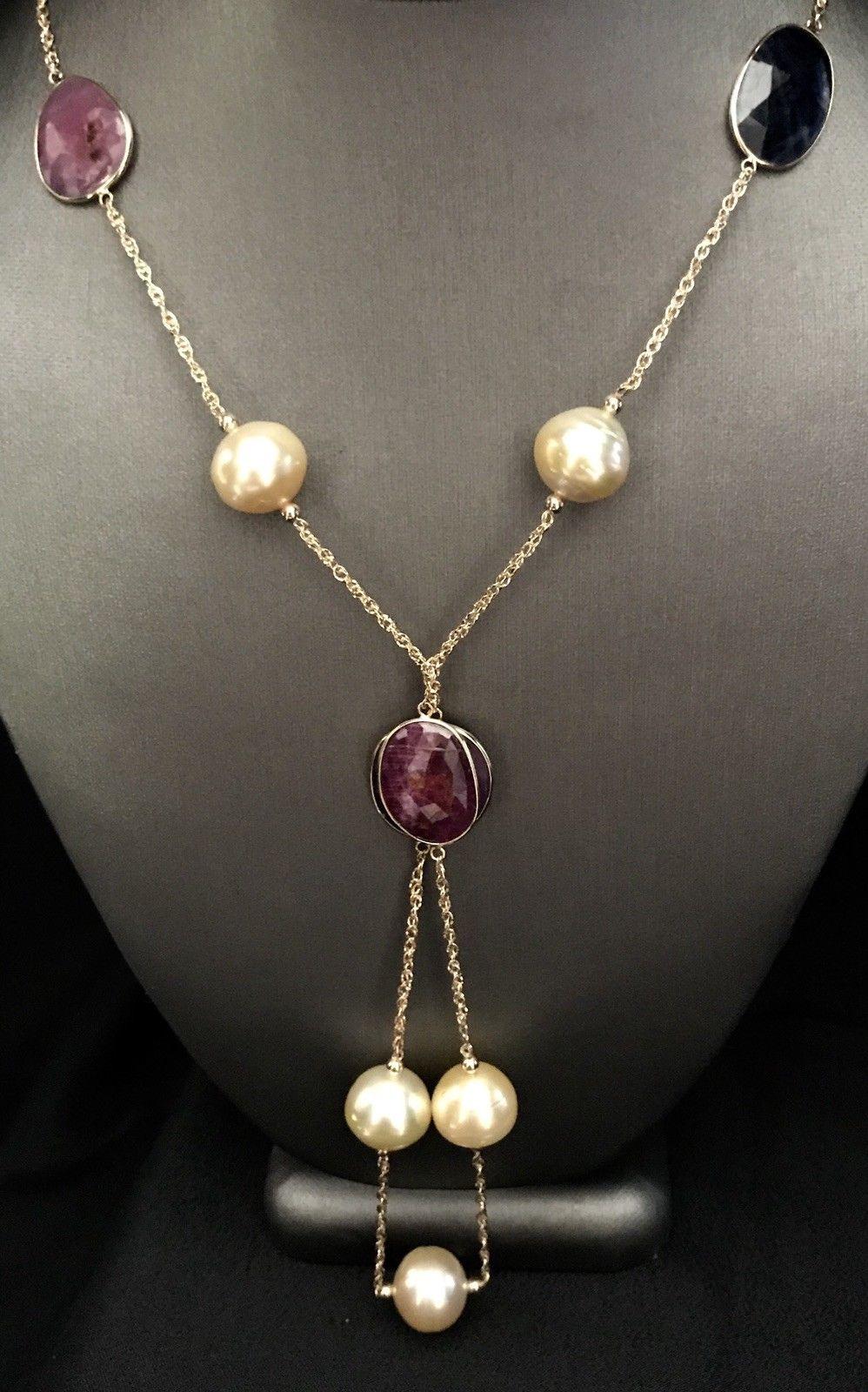 Modern South Sea Pearl Sapphire Ruby 14 Karat Necklace Italy Certified For Sale