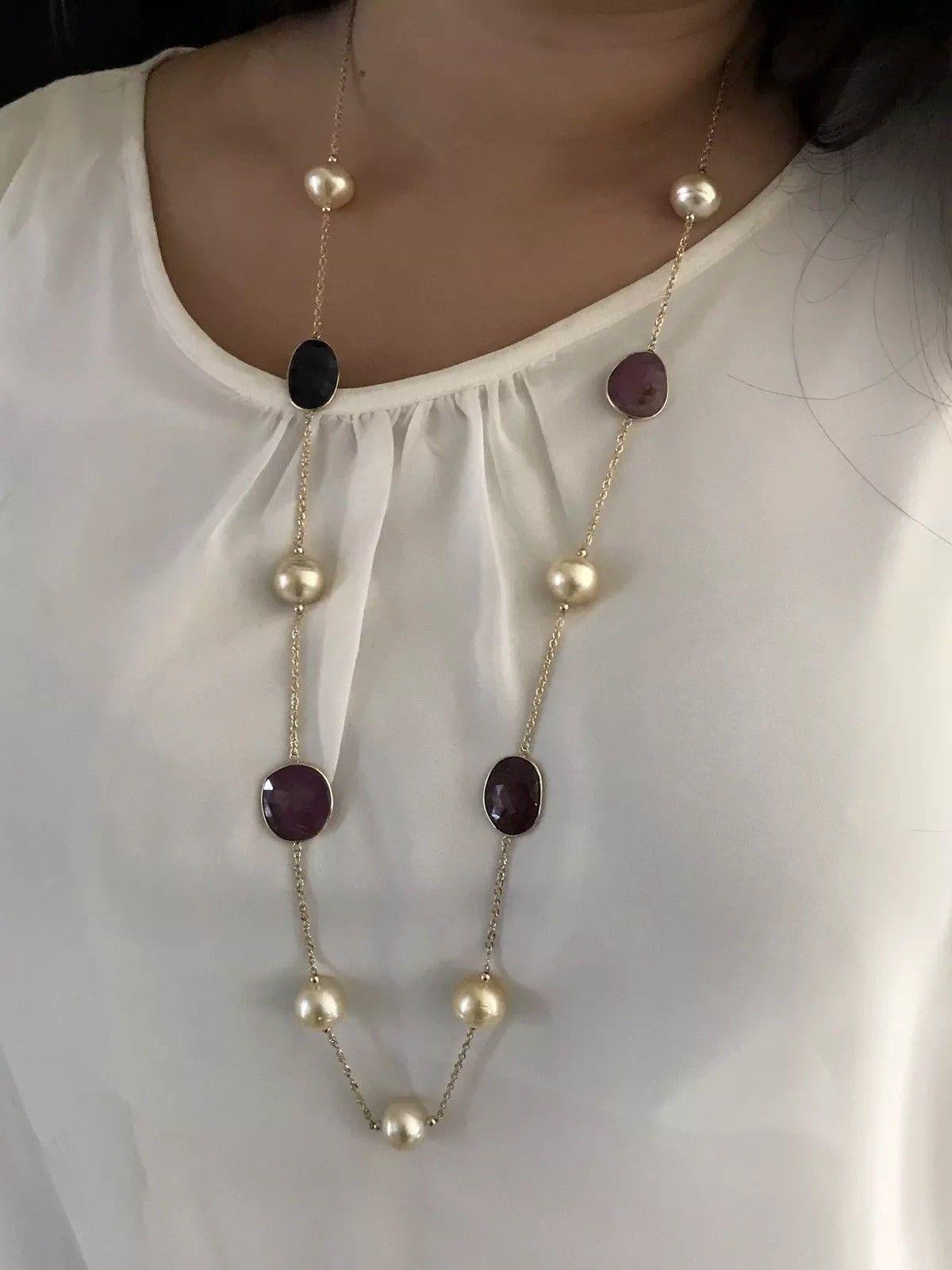 South Sea Pearl Sapphire Ruby 14 Karat Necklace Italy Certified In New Condition For Sale In Brooklyn, NY