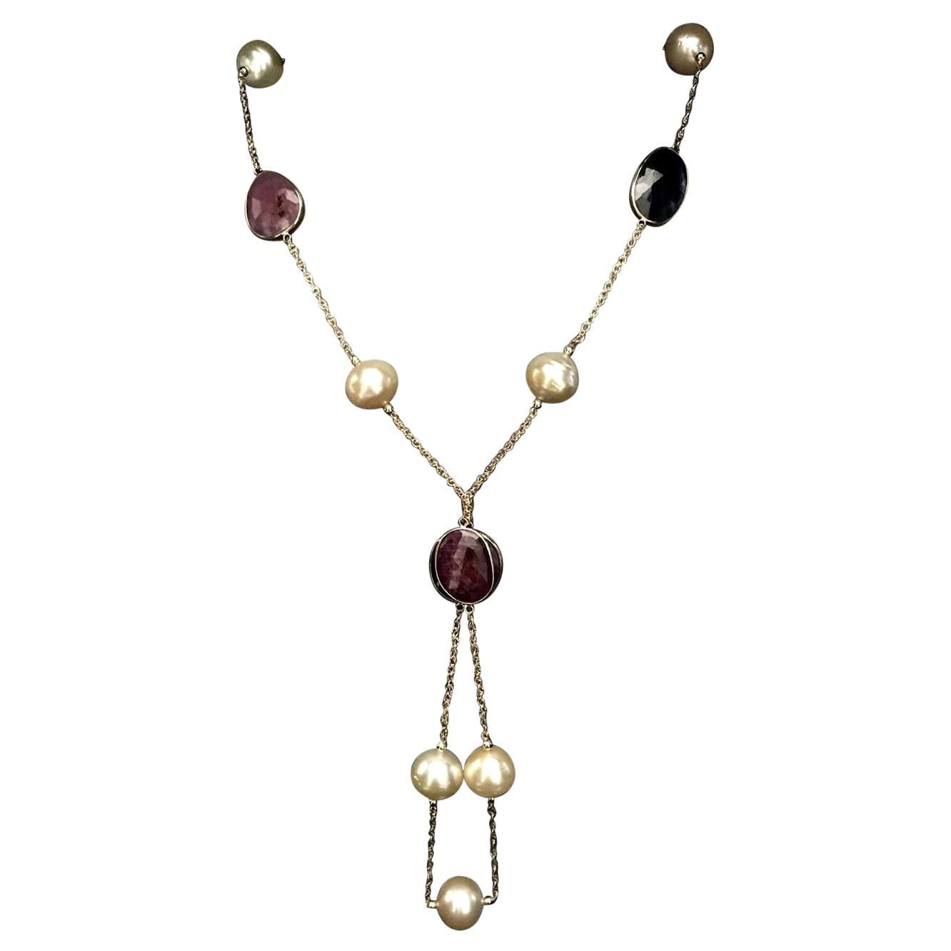 South Sea Pearl Sapphire Ruby 14 Karat Necklace Italy Certified For Sale