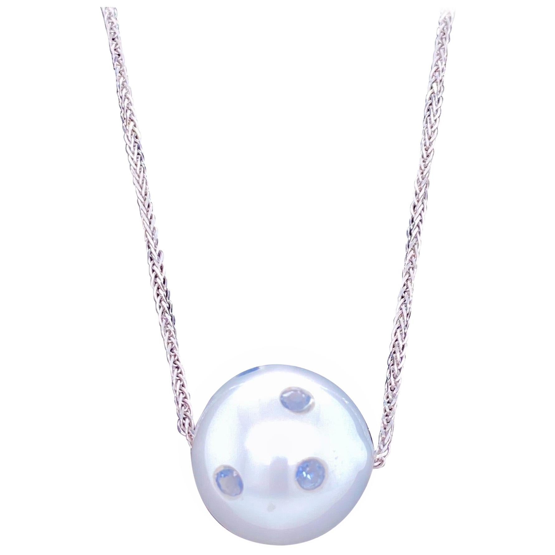 South Sea Pearl Sapphire Slide Necklace 0.60 Carat 18 Karat White Gold